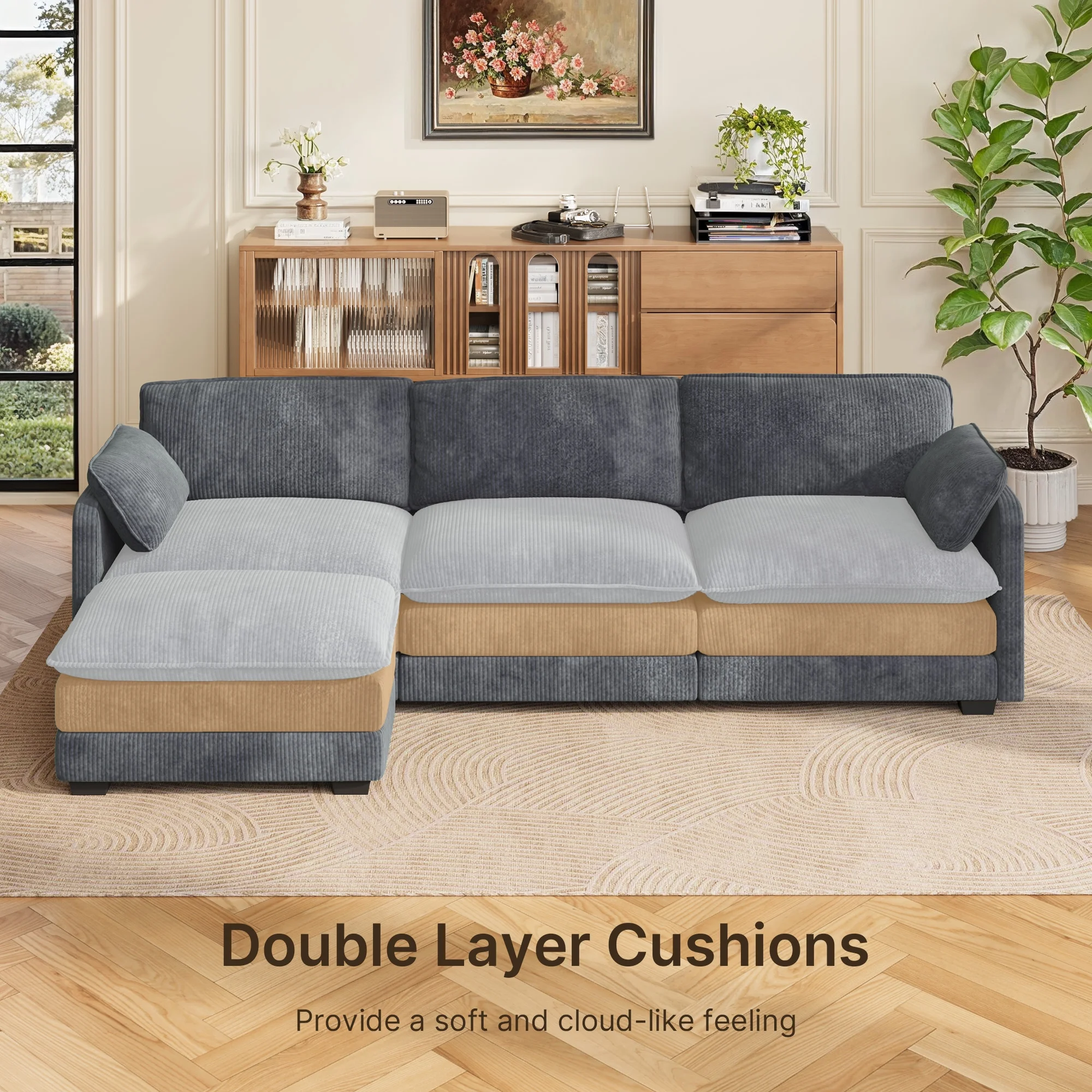 Lofka 110�� Modular Sectional Sofa Bed with Double Layer Cushions and Movable Ottoman, Modern Comfy Cloud Couch for Living Room, DIY Combination, Green