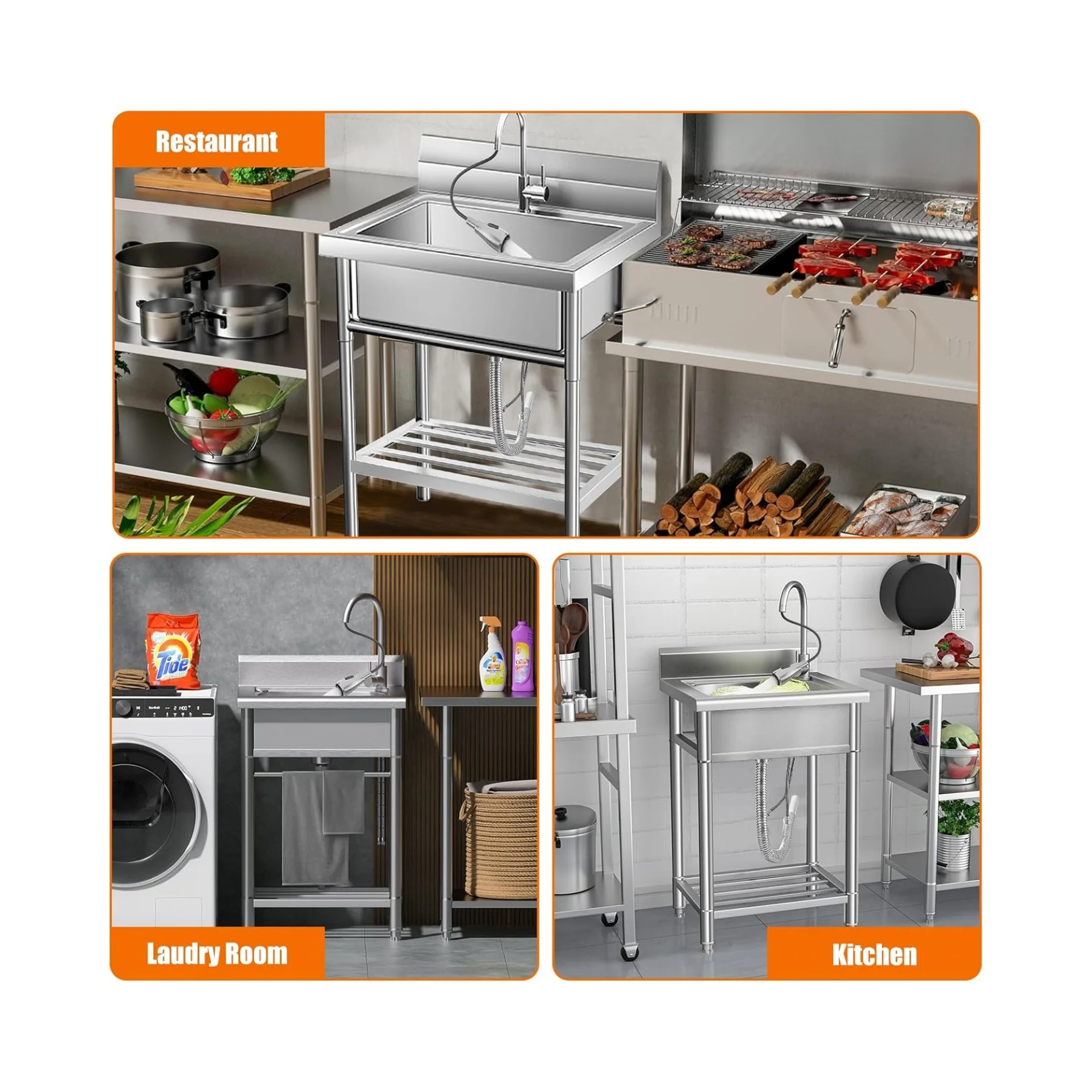 Free Standing Stainless-Steel Sink，Outdoor Kitchen Commercial Utility Sink Single Bowl Kitchen Sink,Portable Laundry Sink With Hot and Cold Water for Restaurant Indoor&Outdoor 20 * 20 * 31.5inch