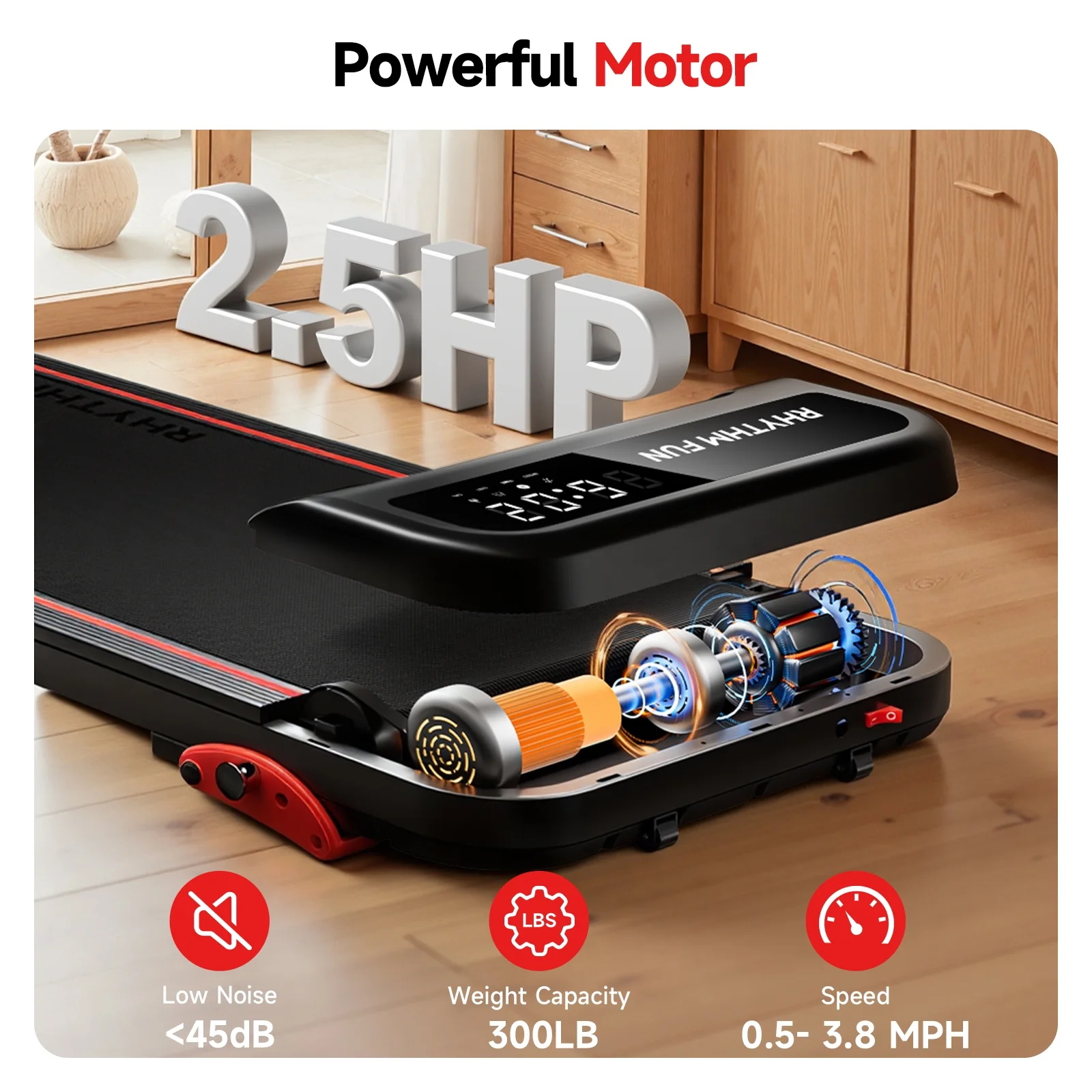 RHYTHM FUN Walking Pad Treadmill with Incline, Under Desk Fitness Machine for Home & Office, 300 lbs Portable, LED Display, Remote Control