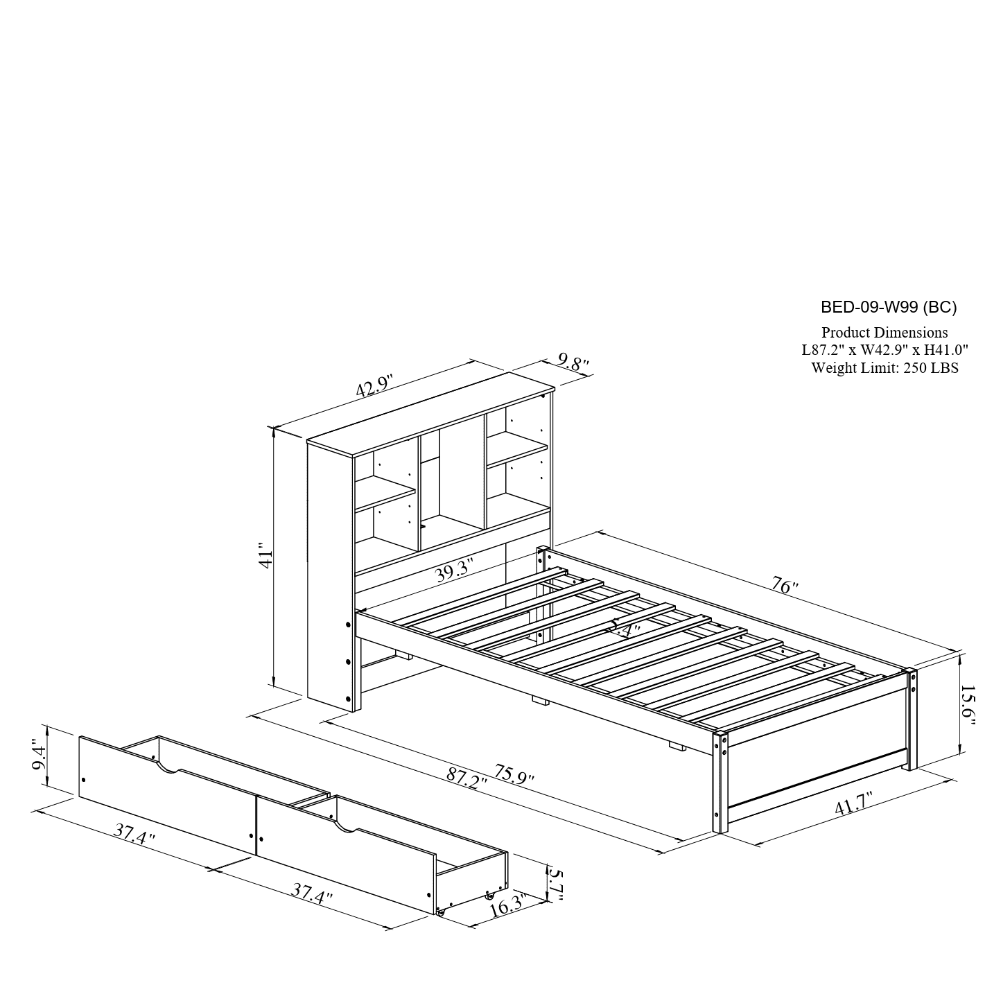 Miniyam Twin Size Bed with Built-in USB Port, Bookcase, Drawers for Kids and Teens, White