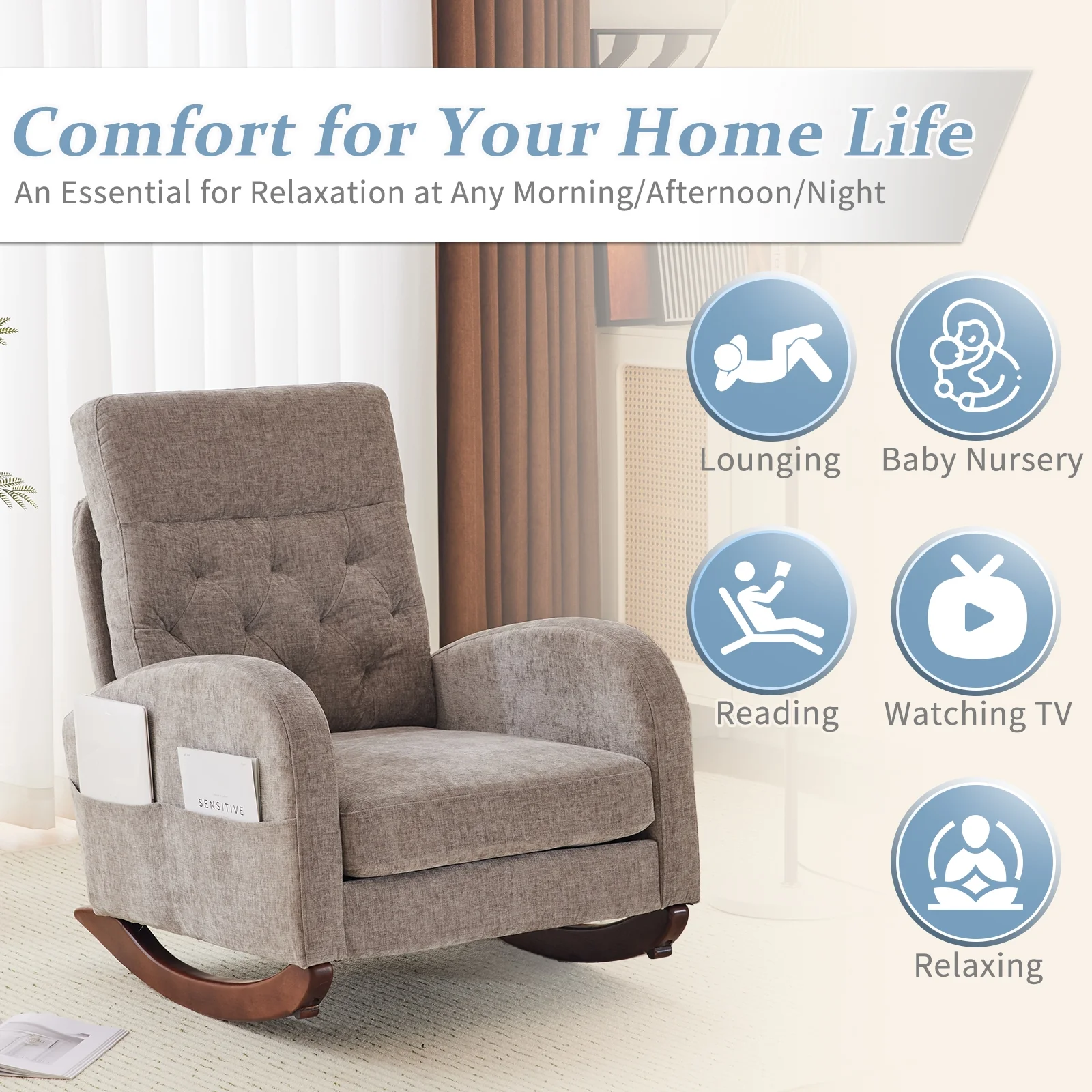 Ktaxon Rocking Accent Chair Glider Reading Chair Comfy Teddy Velvet Upholstered Single Sofa Rocker for Living Room, Nursery, Bedroom Beige