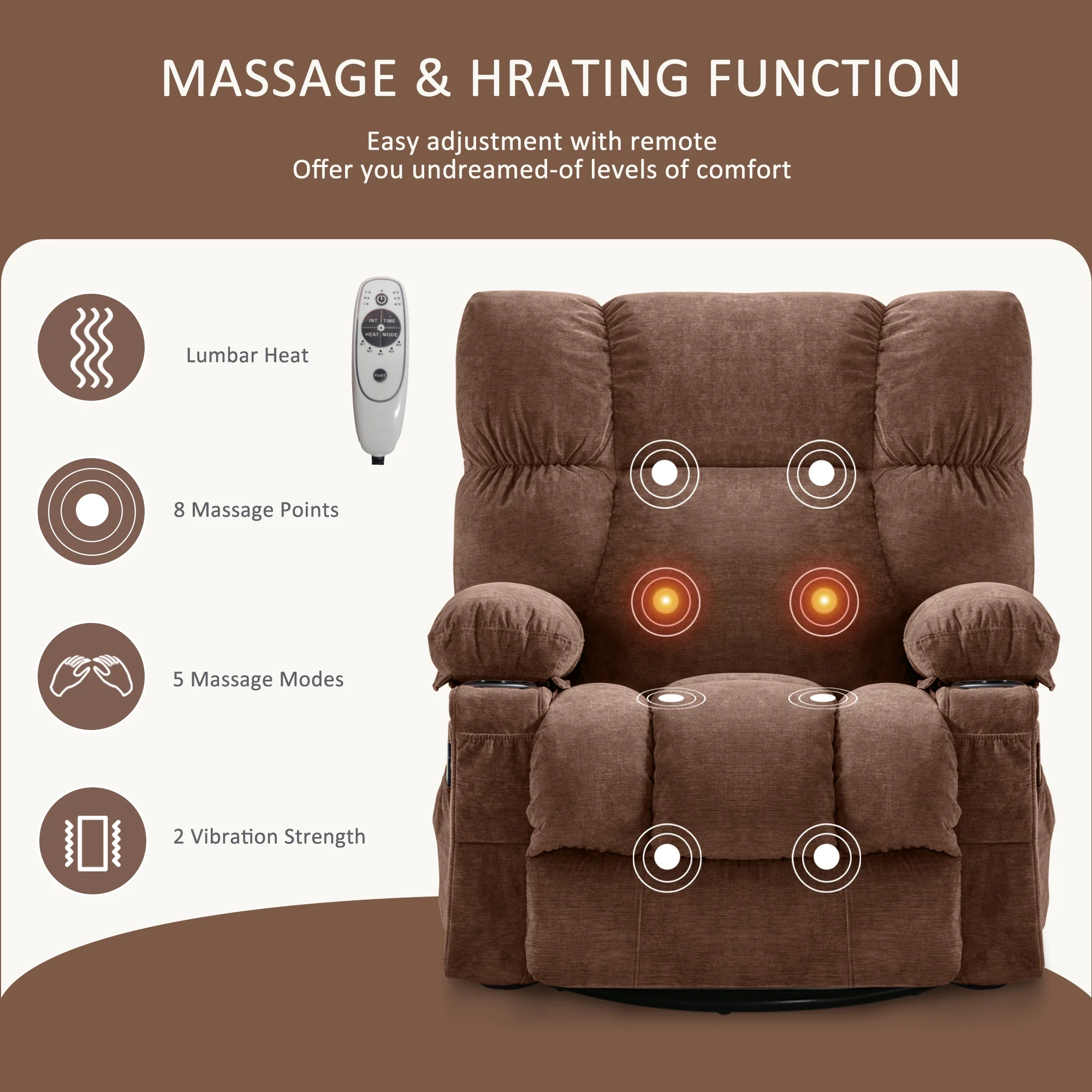 JONPONY Manual Recliner Chair with Heat Therapy and Massage Function, Heavy Duty Reclining Mechanism Massage Chair, Elderly Single Rocker Sofa with Cup Holders for Bedroom Home Theater,Grey