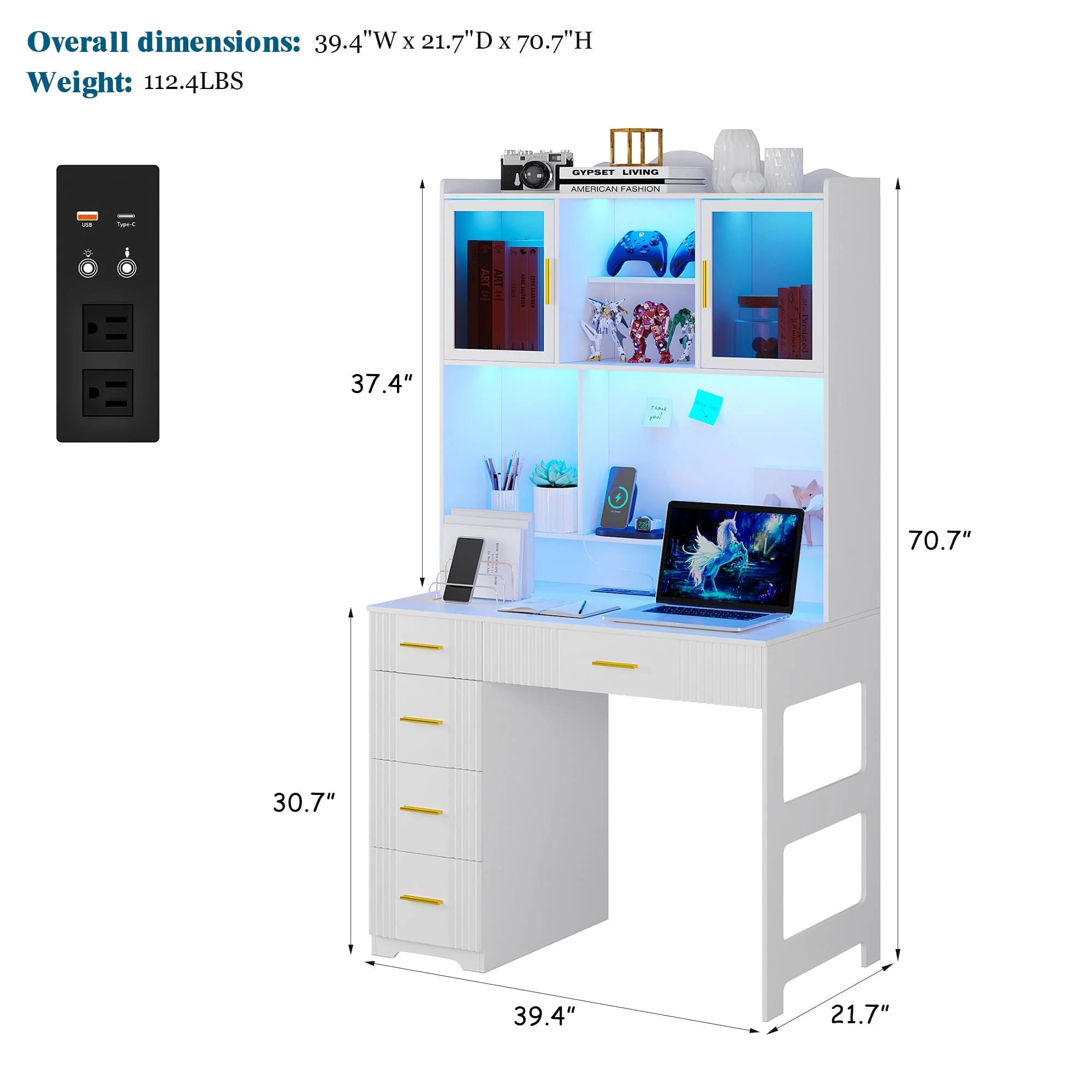 HNEBC LED Study Desk with Hutch and Drawer, Home Office Desk with Outlet, Computer Desk with Charging Station, Writing Desk for Bedroom, Workstation for Small Space