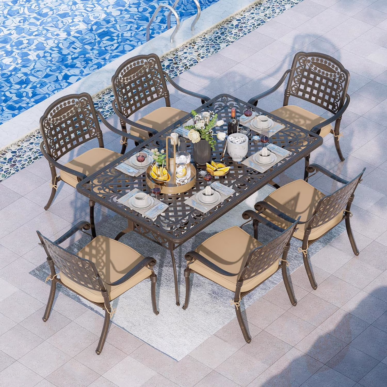 7-Piece Outdoor Furniture Dining Set, Cast Aluminum Patio Conversation Set with Table, 6 Chairs and Khaki Cushions