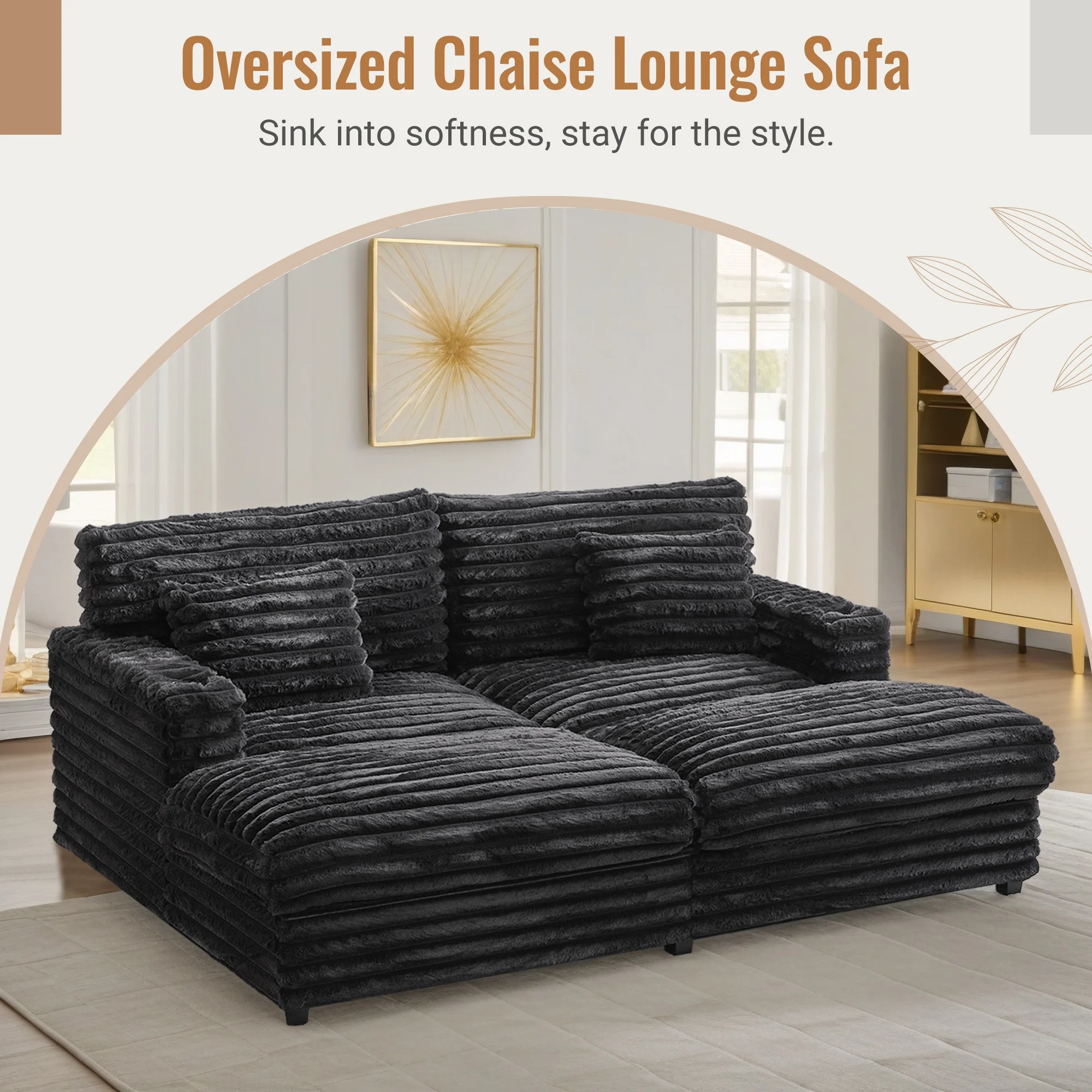 Oversized Double Chaise Lounge, Faux Fur Upholstered Deep Seat Sofa with 2 Pillows, 2 Cupholders, and Dual USB Ports