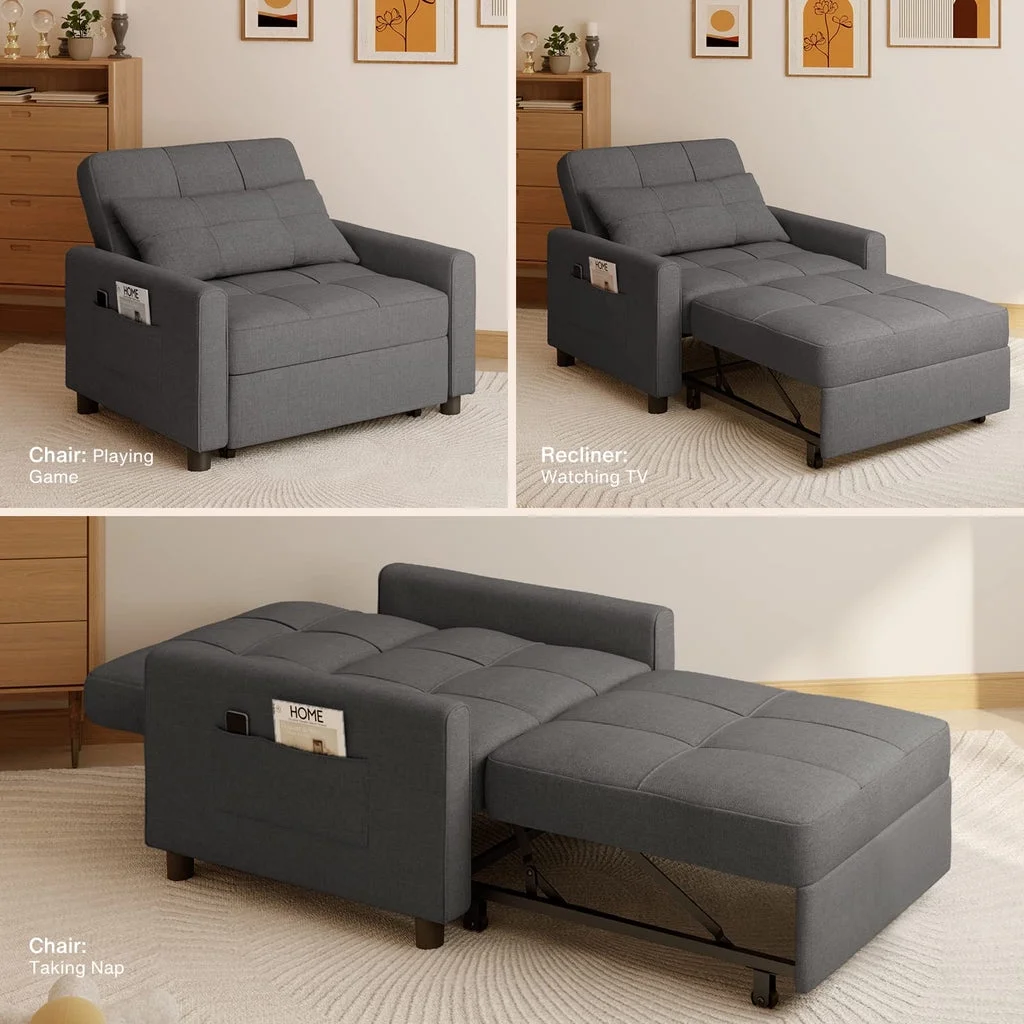 Convertible Sleeper Chair, Aiho 3-in-1 Convertible Sofa Bed Recliner Chair with Pull Out Couch - Dark Gray