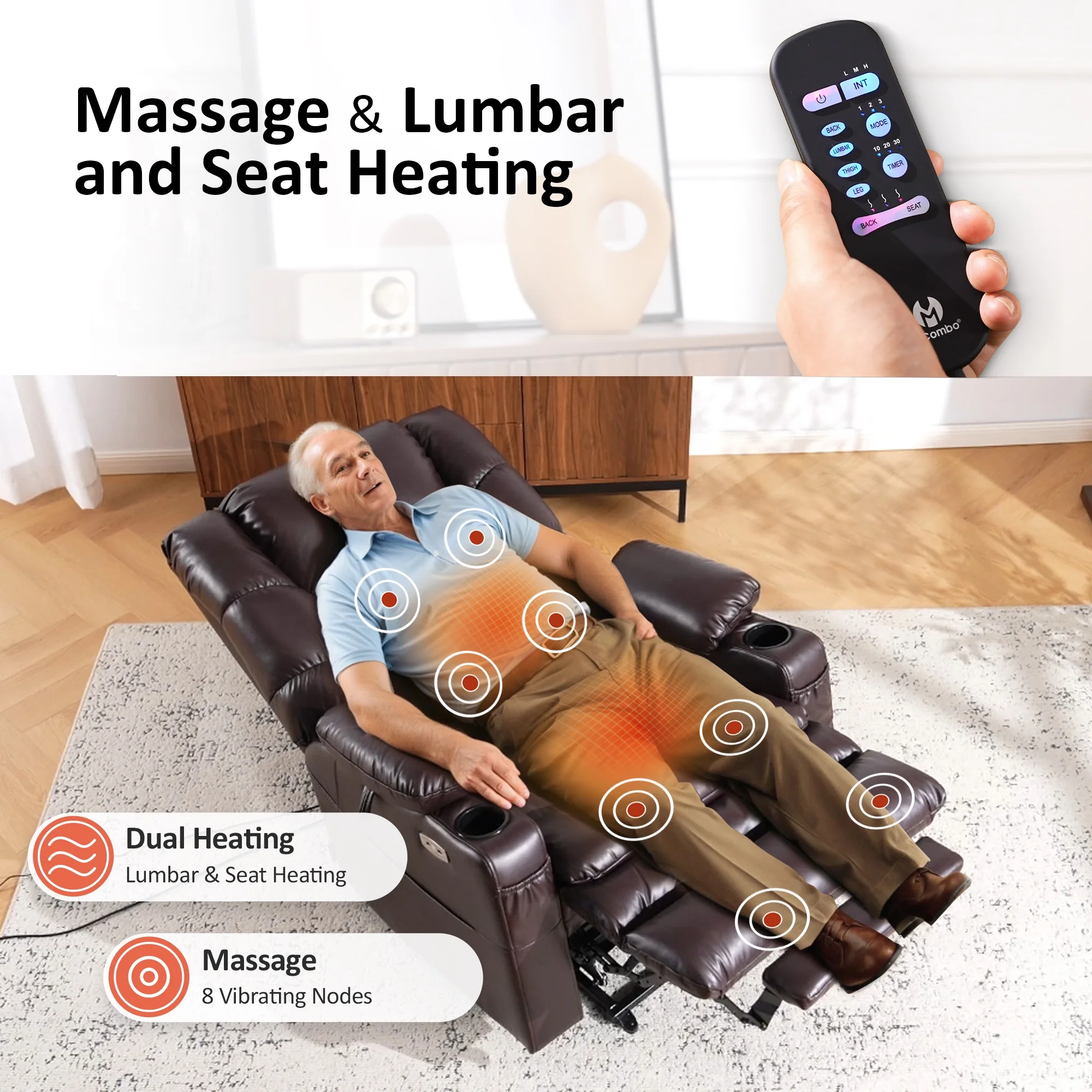 MCombo Triple Motor Power Lift Recliner for Elderly, Sleep Recliner Sofa with Adjustable Headrest, Faux Leather, Dark Brown