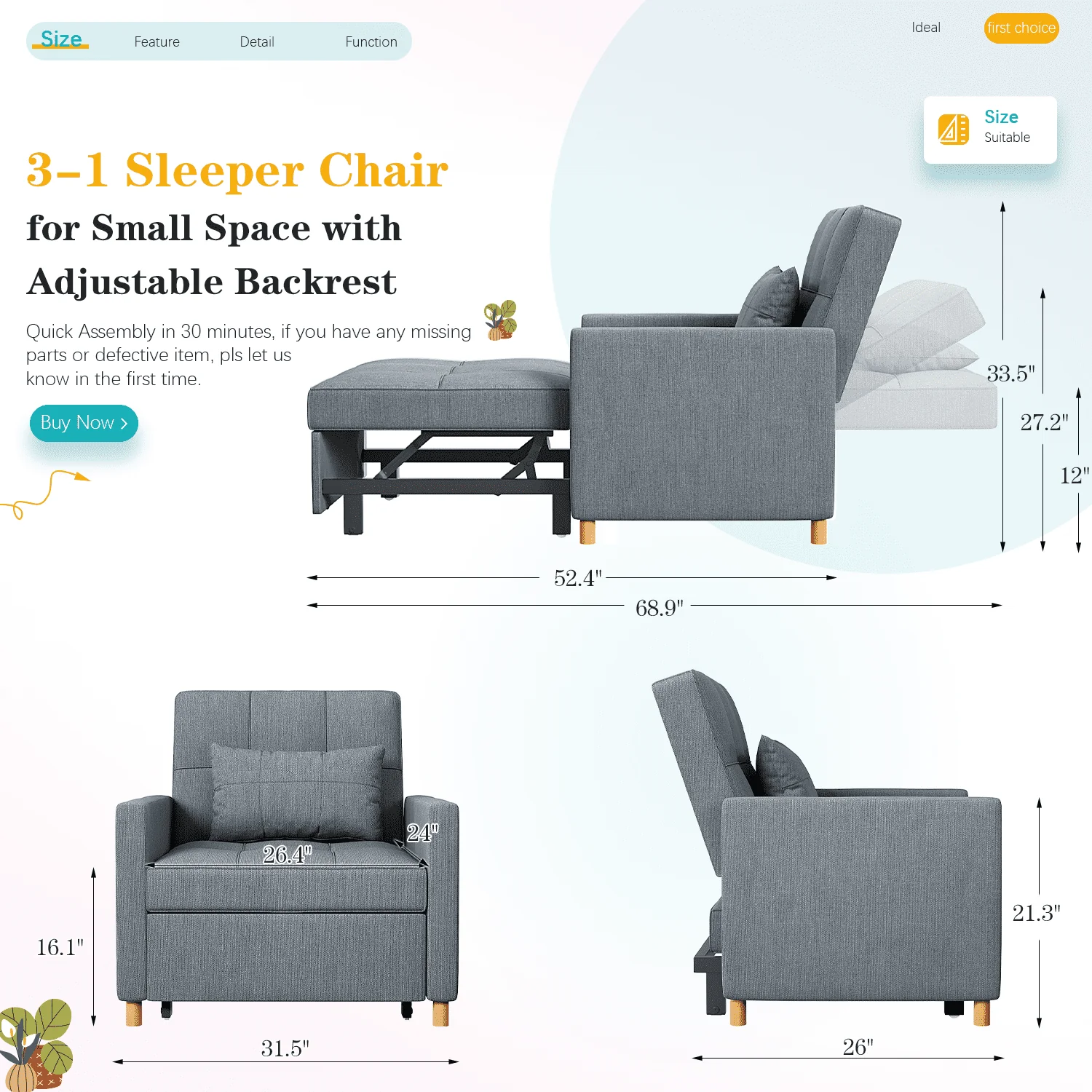 YODOLLA Sleeper Sofa Chair 3 in 1 Sleeper Chairs for Adults Pull Out Chair Bed Sleeper with Extra Pillow and Convertible Backrest Multi-Functional Fold Out Chair Bed for Small Space (Dark Grey)