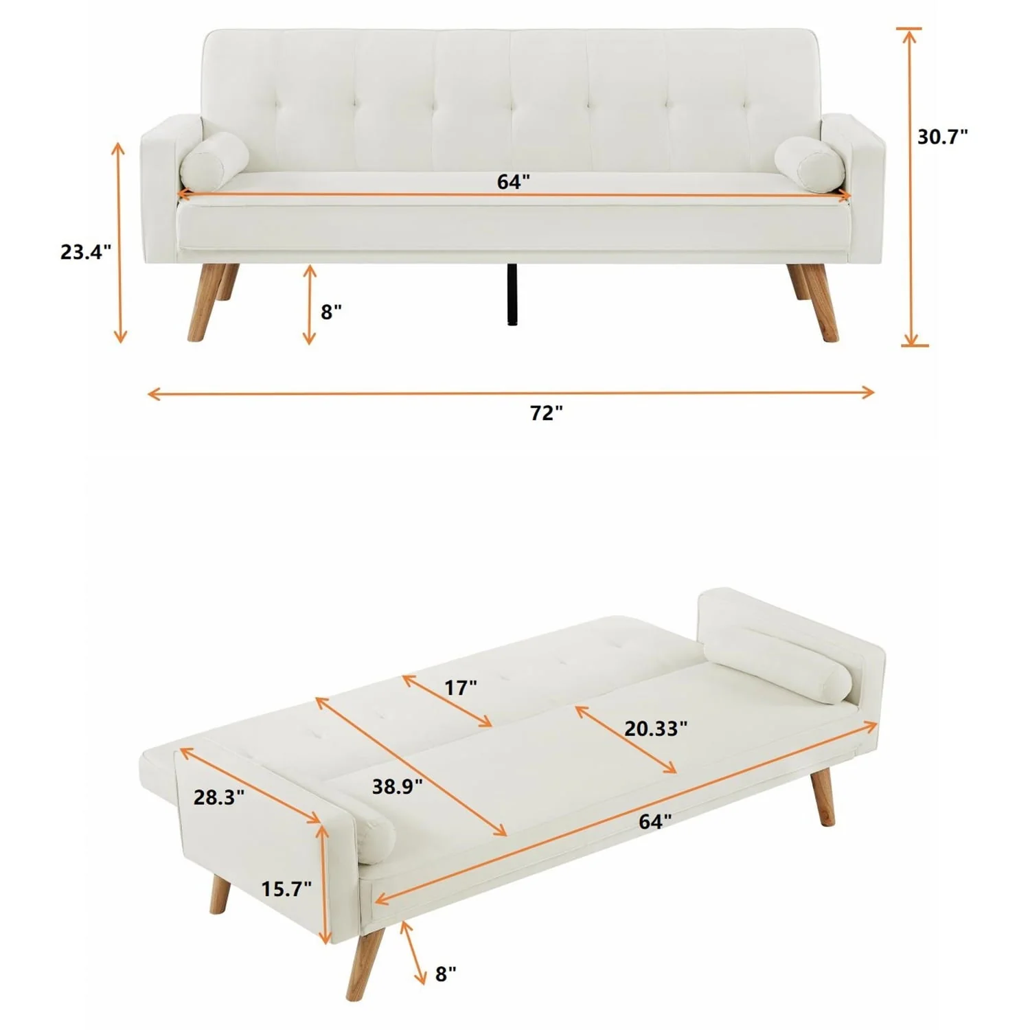 SYNGAR Futon Sofa Bed, Mid Century Fabric Futon Sofa with Wood Leds, Convertible Daybed with 3 Adjustable Positions, Couches and Sofas, Modern Stylish Sleeper Sofa for Living Room, Beige