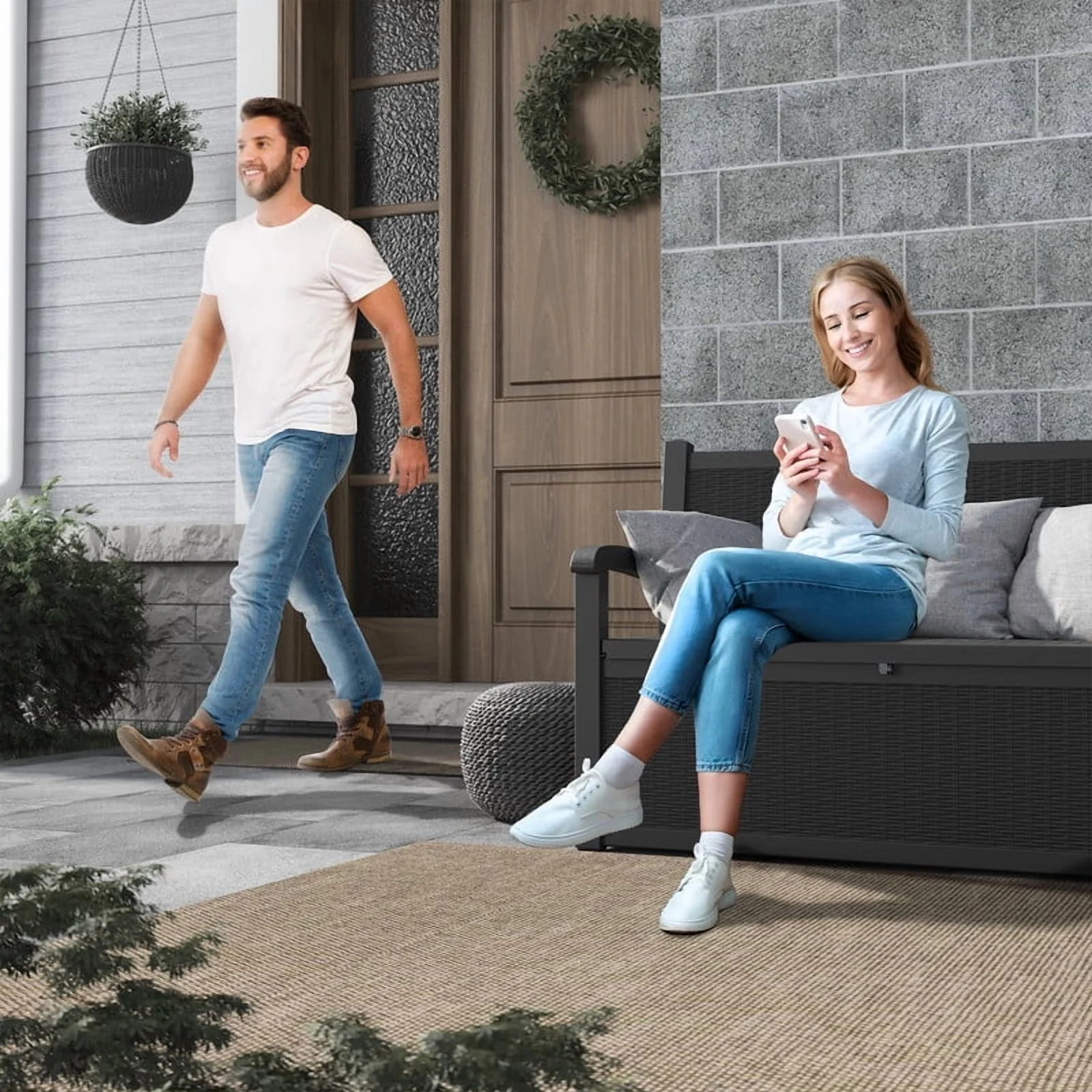 Bifanuo 70 Gallon Storage Bench Deck Box for Patio Furniture with Armrest Bench Outdoor Storage Water-Resistant Deck Box for Garden Tools,Pool Storage and Outdoor Cushions,Grey