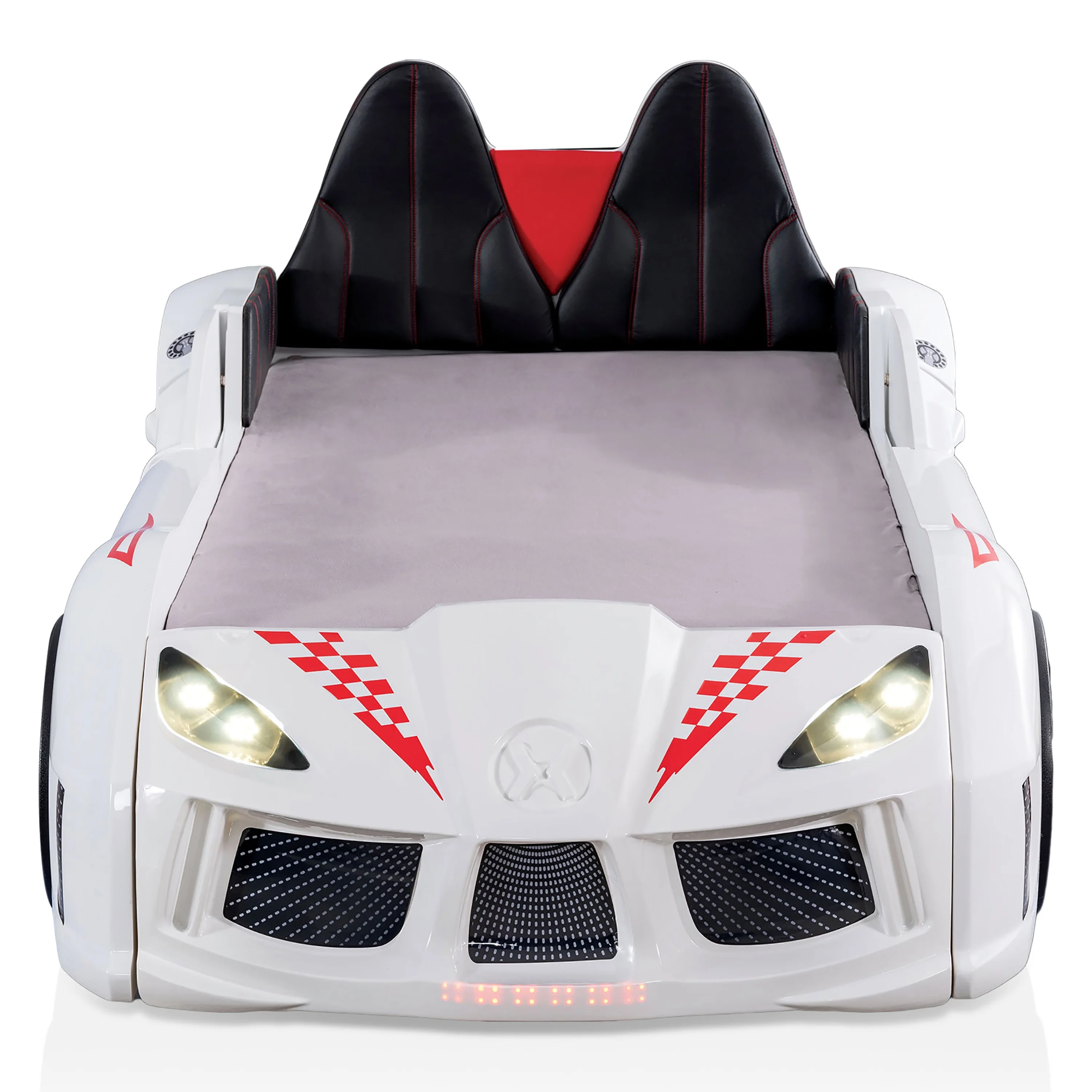 Furniture of America Dash Kids Plastic Twin Race Car Bed with LED and Sound, White