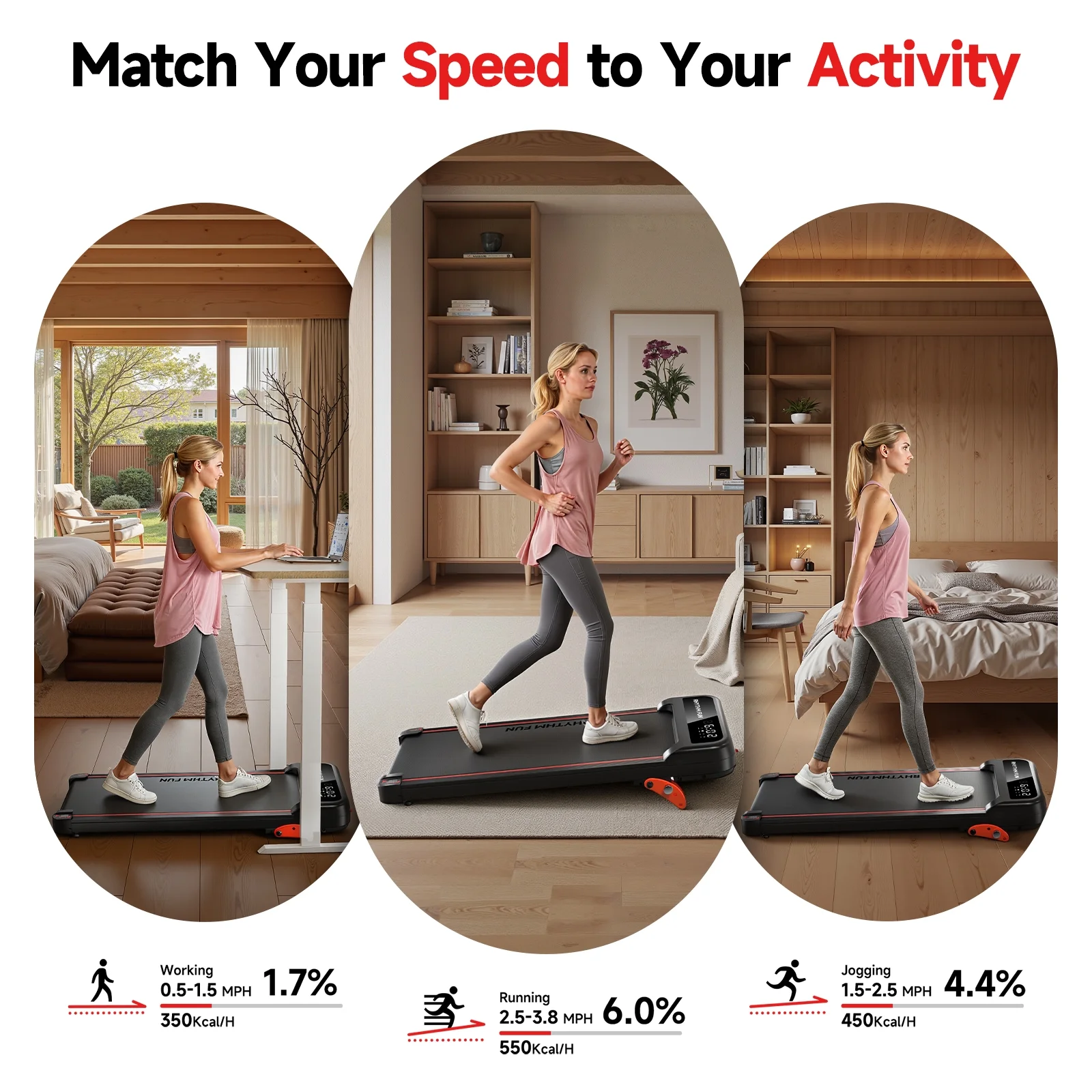 RHYTHM FUN Walking Pad Treadmill with Incline, Under Desk Fitness Machine for Home & Office, 300 lbs Portable, LED Display, Remote Control