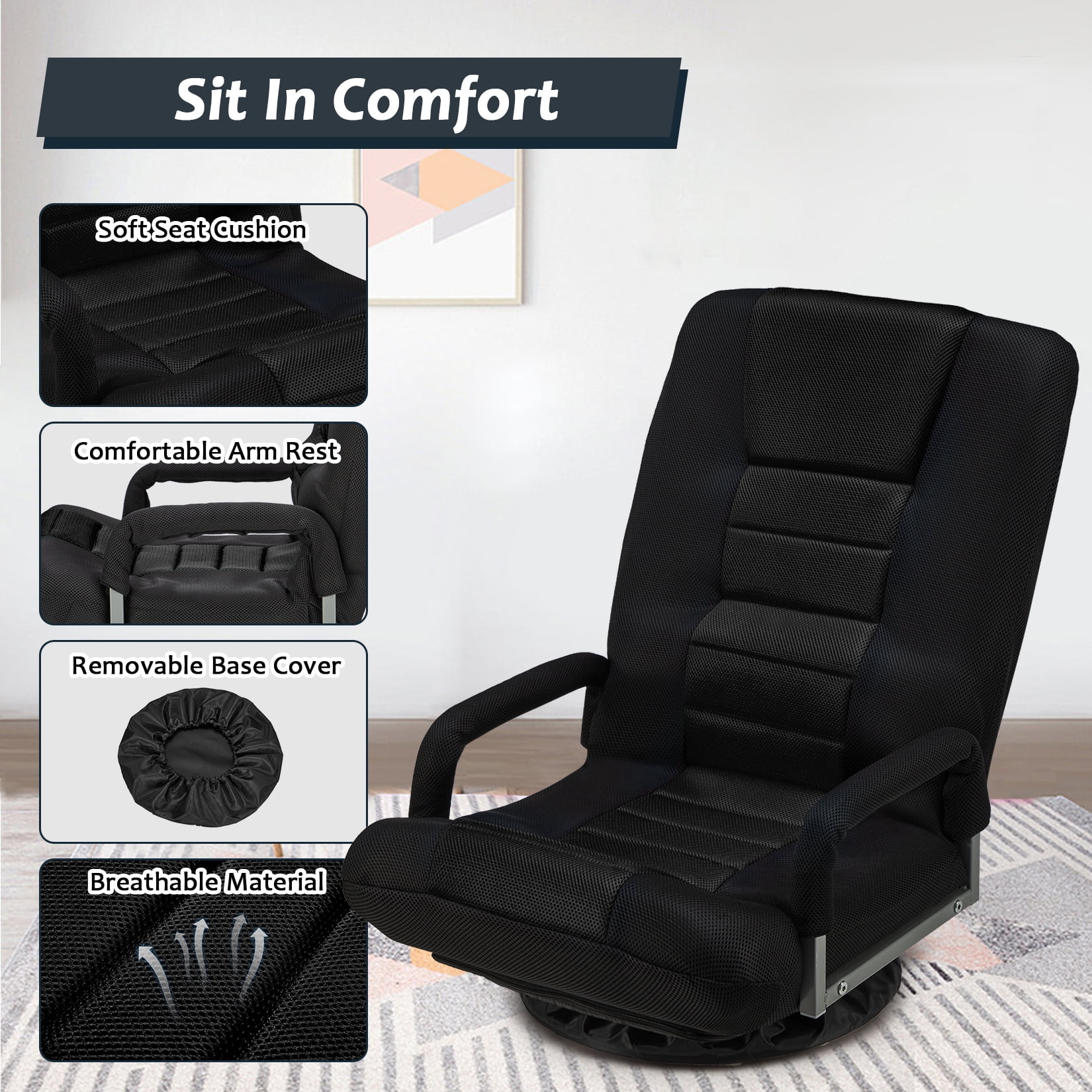 Avocahom Swivel Gaming Floor Chair w/ Armrest Handles, No Assembly gaming chair rocker, Folding Reclining Sofa w/6 Position Adjustable Backrest for Video Games, Watching TV, Reading,Blue