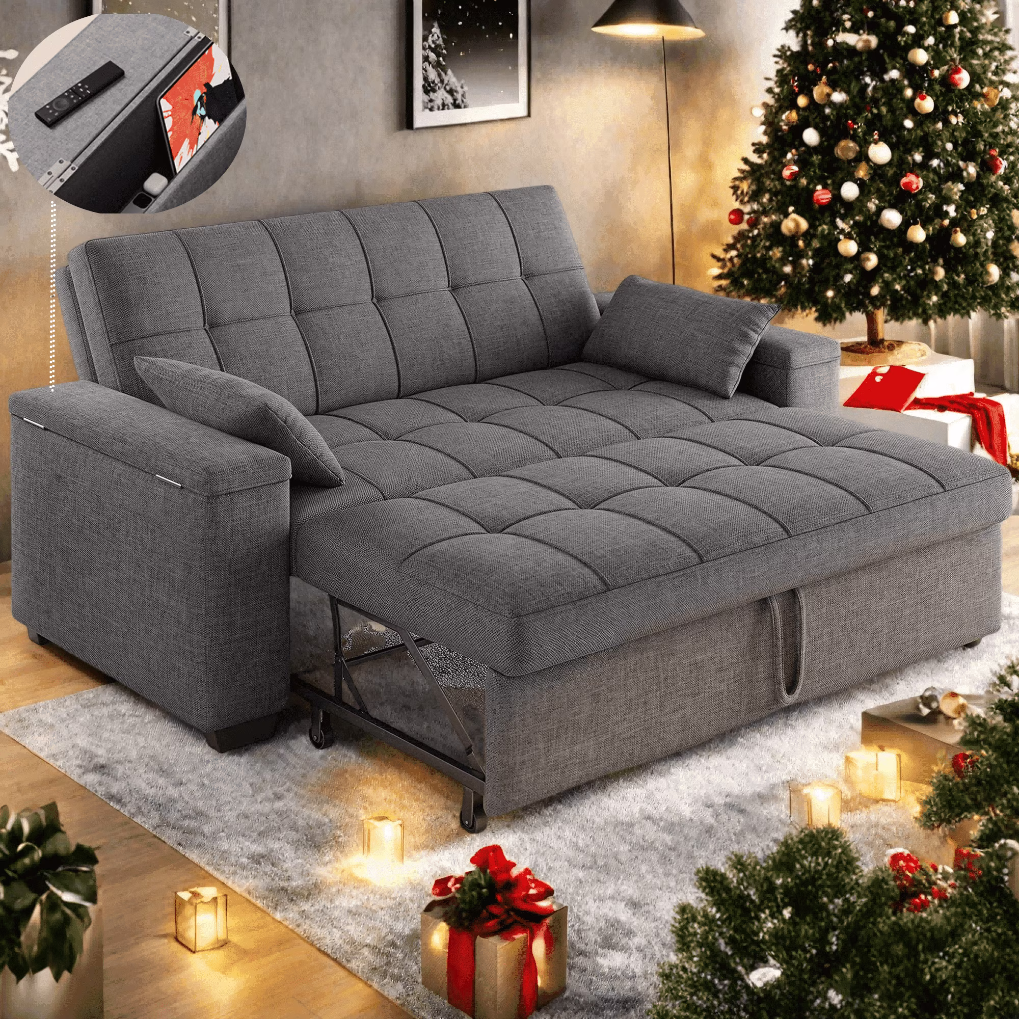 Sofa Bed, Lofka 3 in 1 Convertible Couch Bed with Storage Armrest and Adjustable Backrest for Living Room, Dark Gray