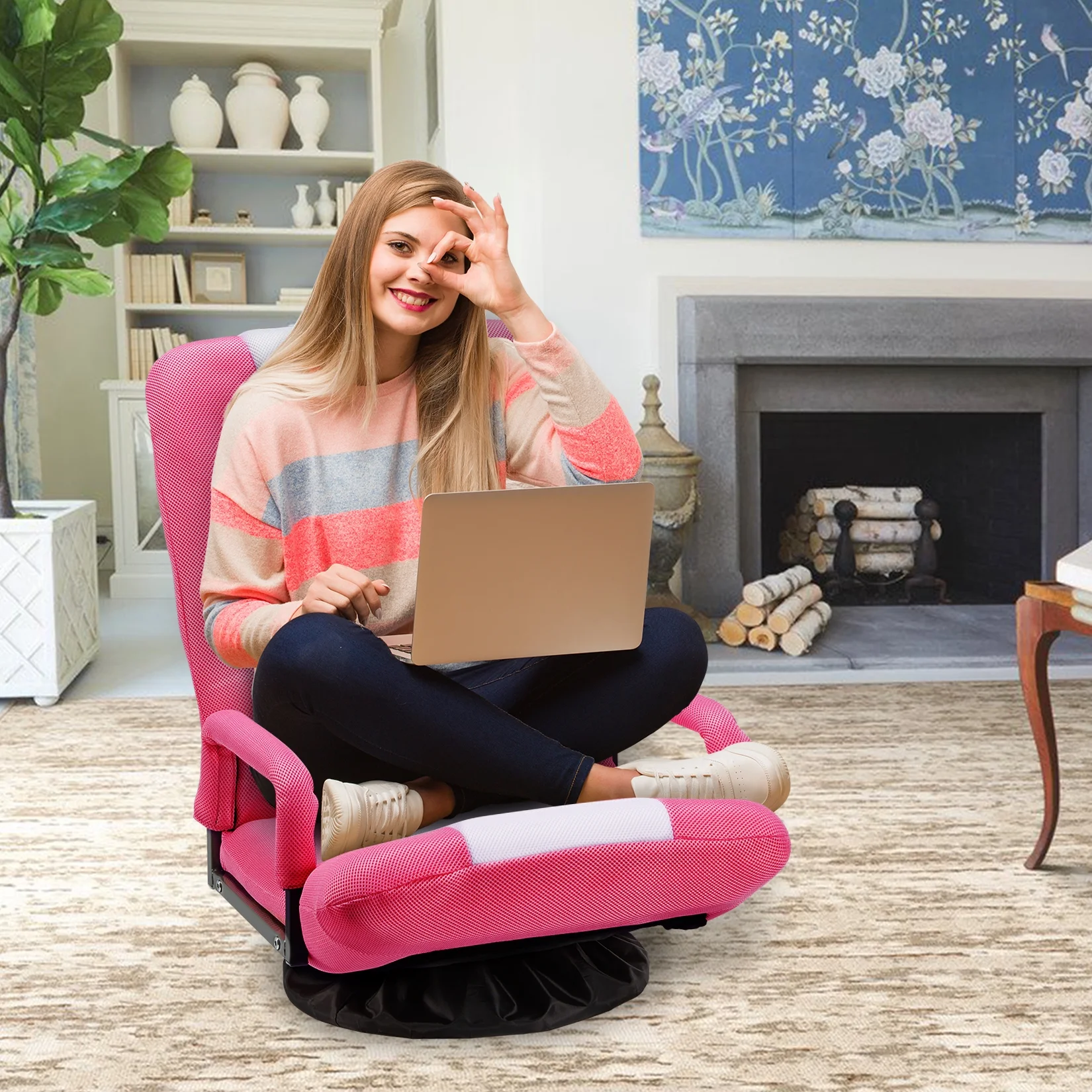 Avocahom Swivel Gaming Floor Chair w/ Armrest Handles, No Assembly gaming chair rocker, Folding Reclining Sofa w/6 Position Adjustable Backrest for Video Games, Watching TV, Reading,Blue