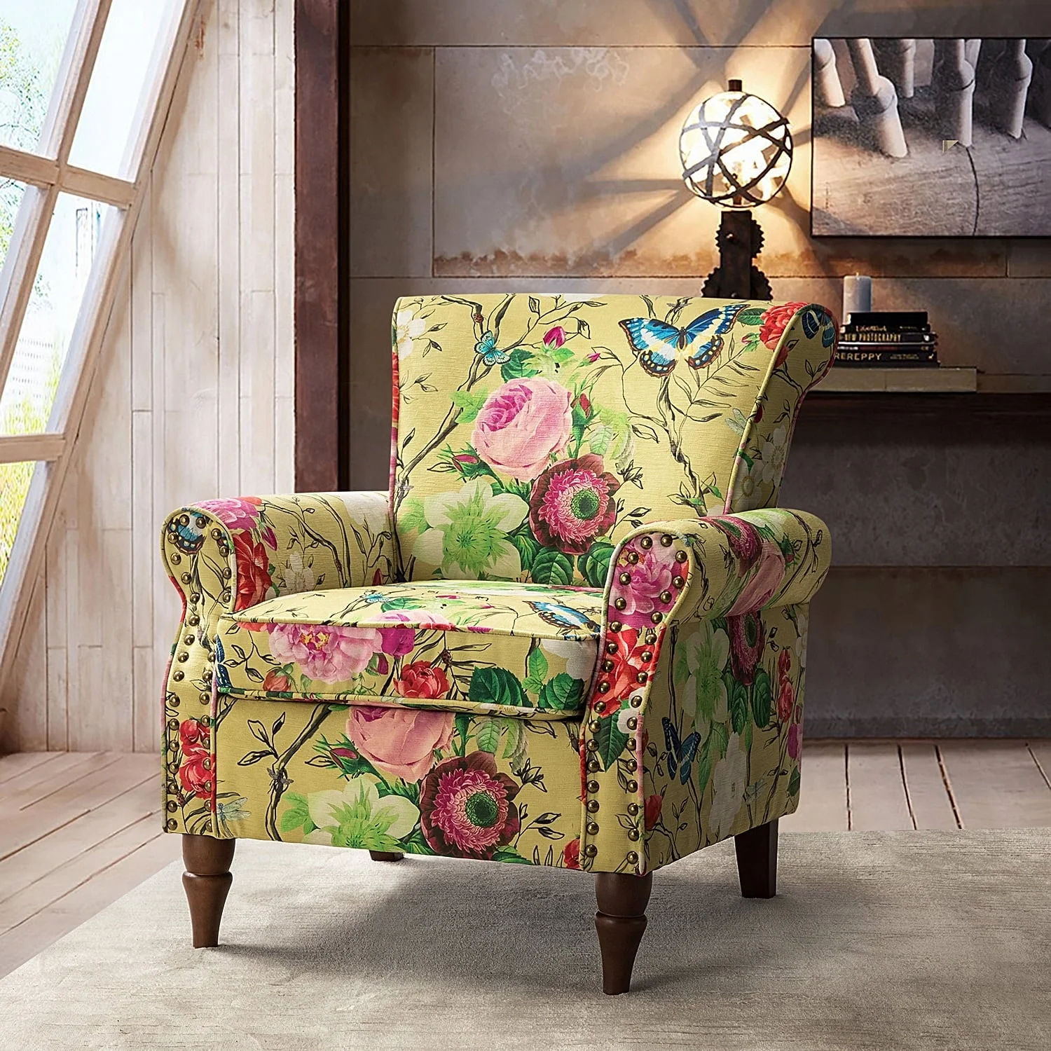 14 Karat Home Wingback Accent Chair Removable Cushion Floral Upholstered Sofa Armchair Couch Wood Legs Nailhead Trim Mustard