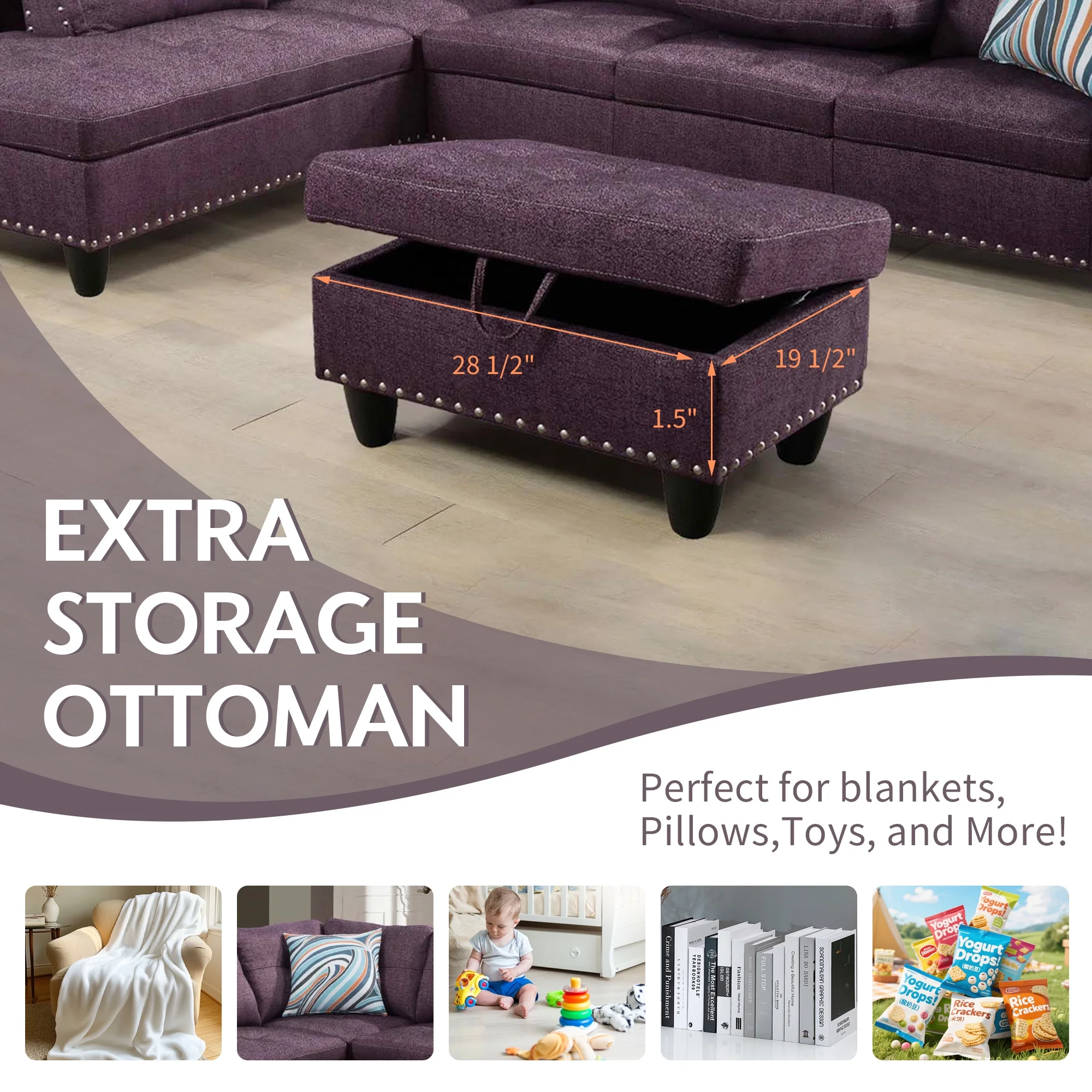 Aukfa 3 Piece Sectional Sofa, Living Room Couch with Storage Ottoman&Cup Holder, Linen, Left Hand, Black Gray