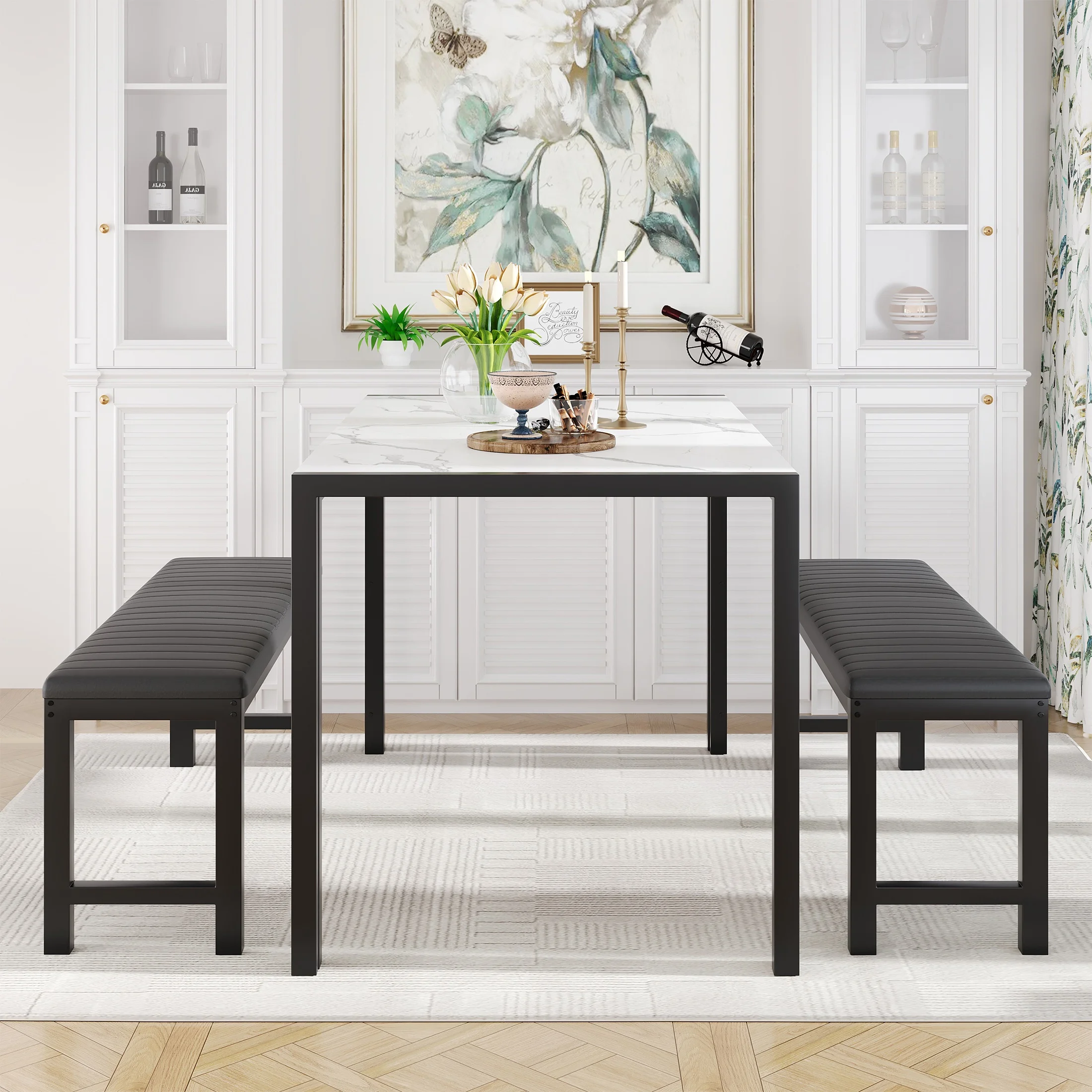 UHOMEPRO Dining Room Table Set, 3-Piece Dining Table Set with 2 Benches, Kitchen Table Set for 4 with Metal Frame, Modern Dining Room Set Furniture Set for Bar Dining Room Breakfast Nook, Black