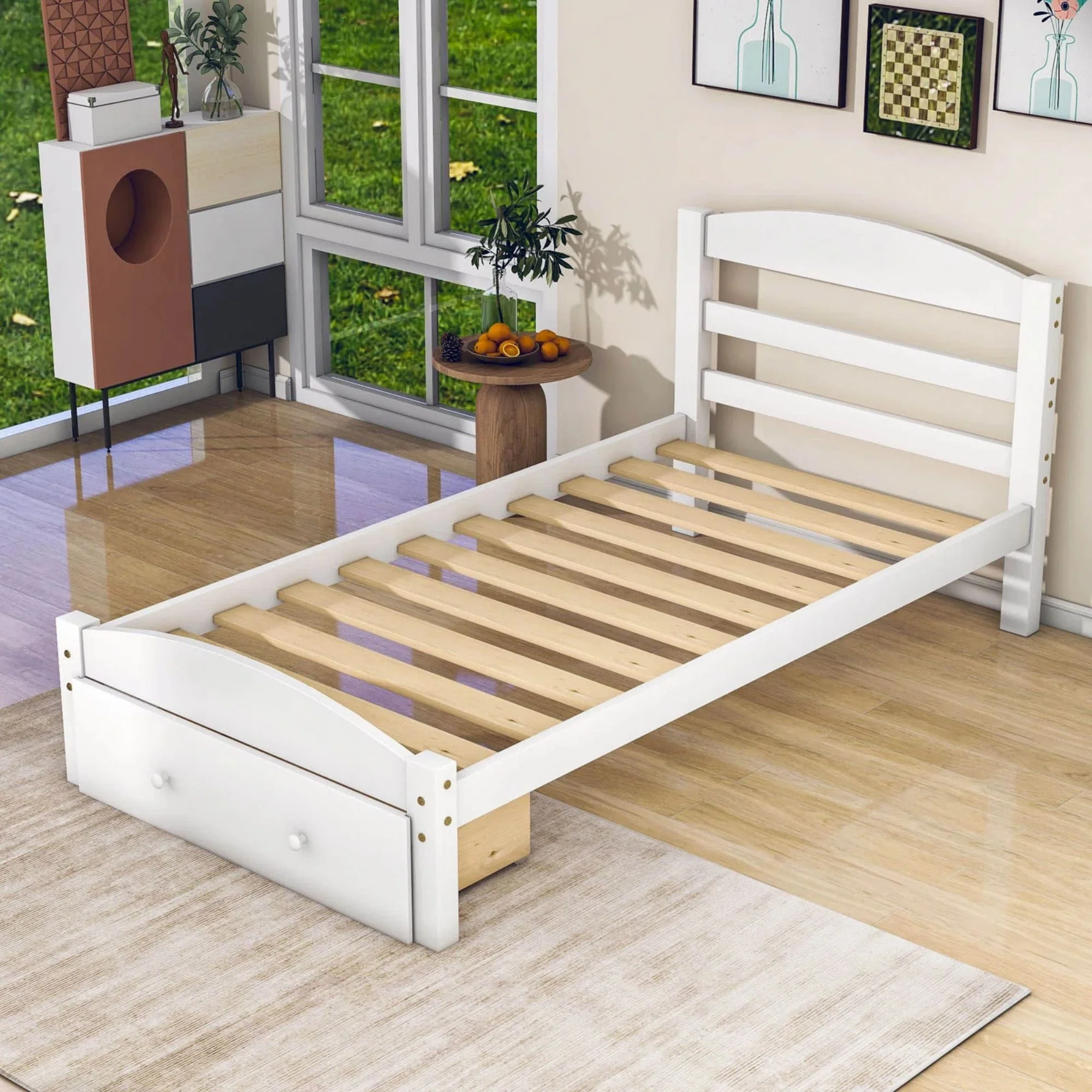 Twin Bed for Kids with Storage Drawer, Upgrade Pine Wood Bed Frame with Headboard and Footboard, Modern Kids Bed Furniture for Bedroom, Holds 275 lb, No Box Spring Needed, White