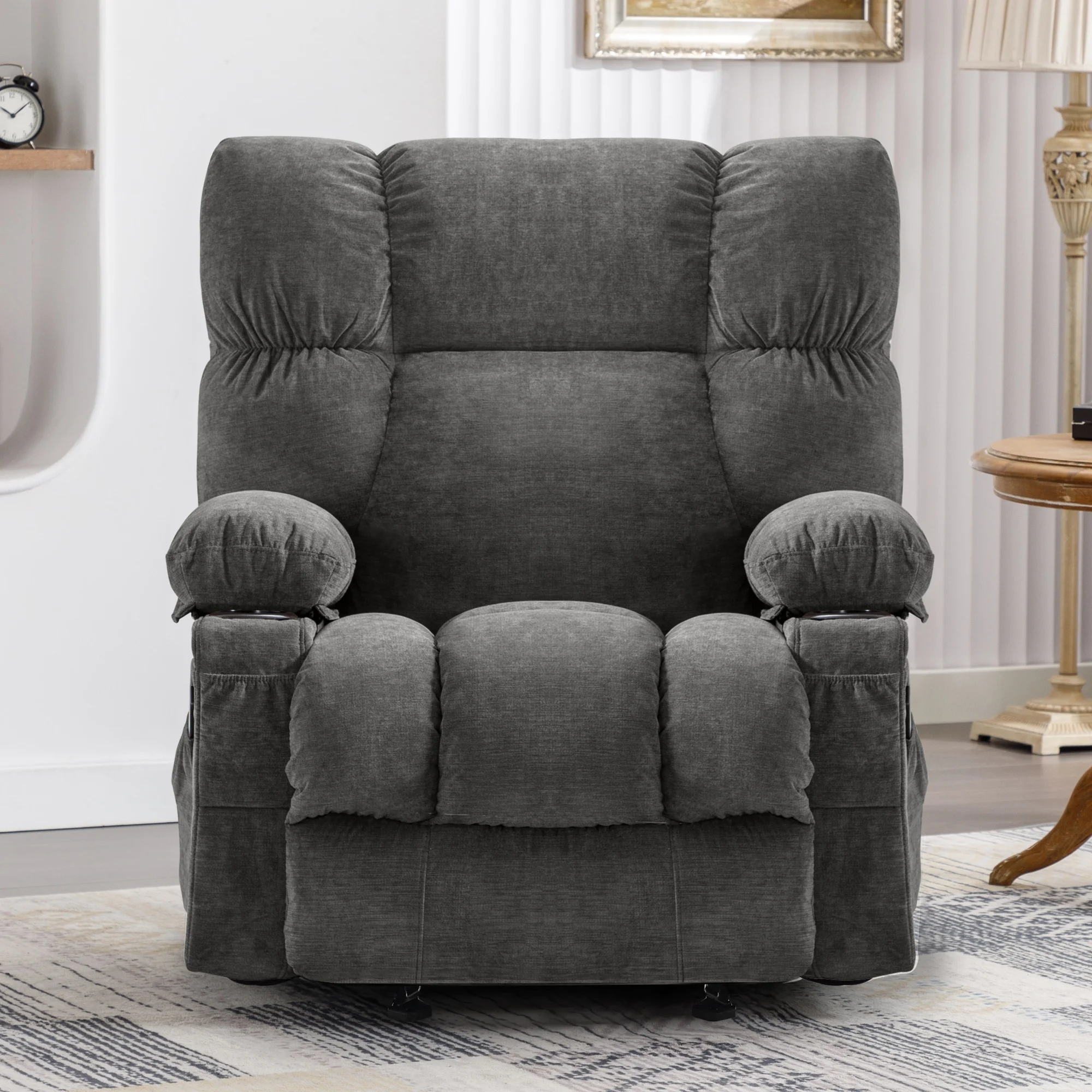 JONPONY Manual Recliner Chair with Heat Therapy and Massage Function, Heavy Duty Reclining Mechanism Massage Chair, Elderly Single Rocker Sofa with Cup Holders for Bedroom Home Theater,Grey