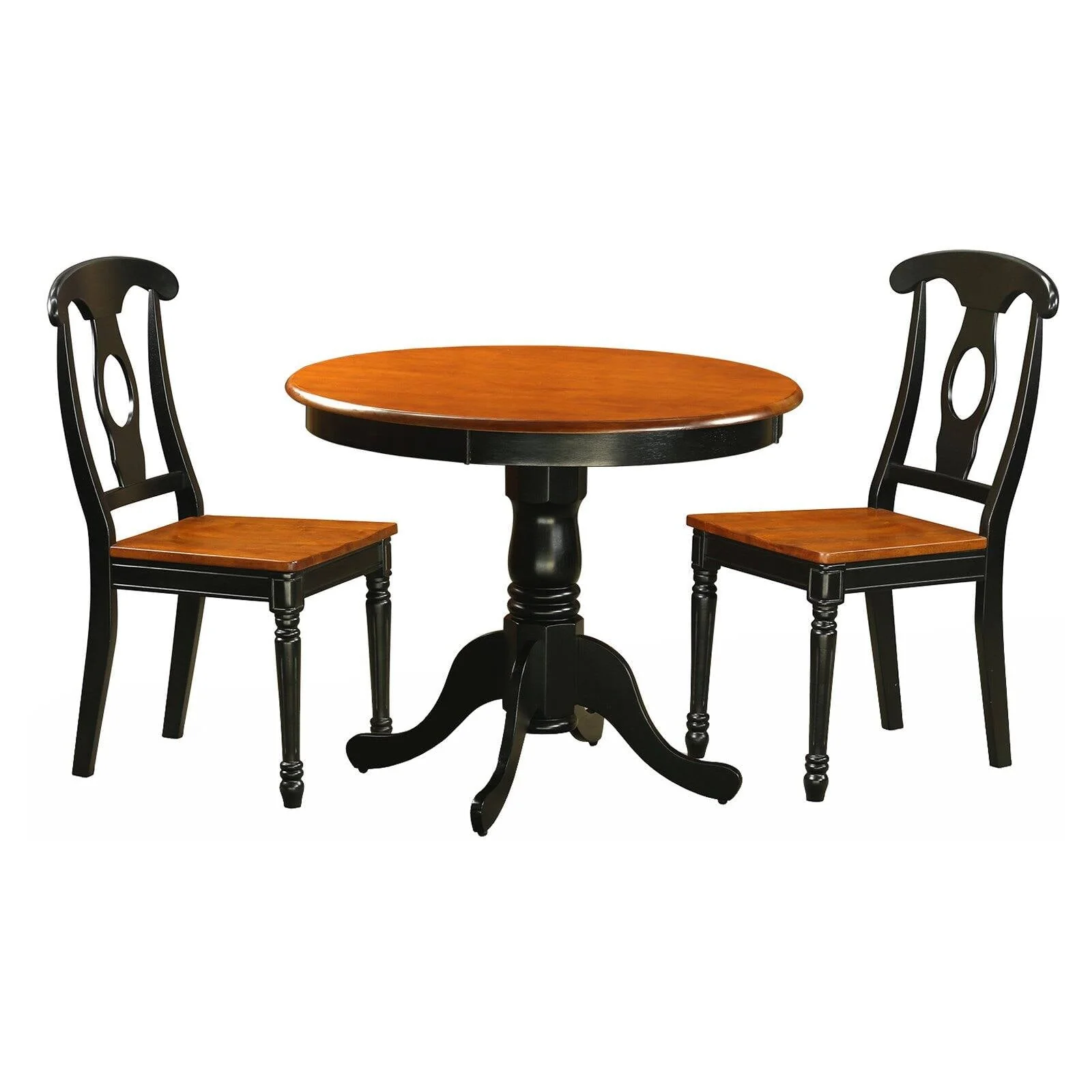 East West Furniture Antique 3 Piece Pedestal Round Dining Table Set with Kenley Wooden Seat Chairs