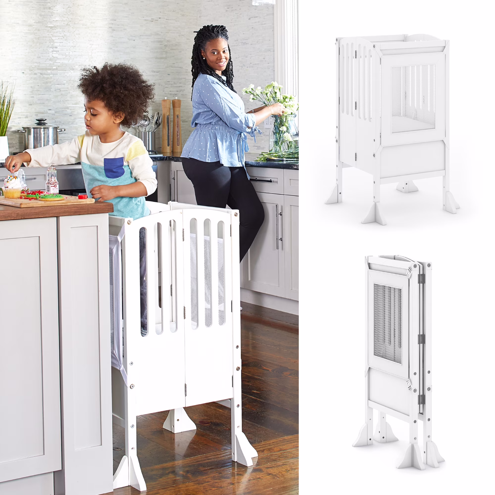 Guidecraft Contemporary Kitchen Helper Step Stool - White: Adjustable, Folding Montessori Toddler Tower - Safety Learning Furniture