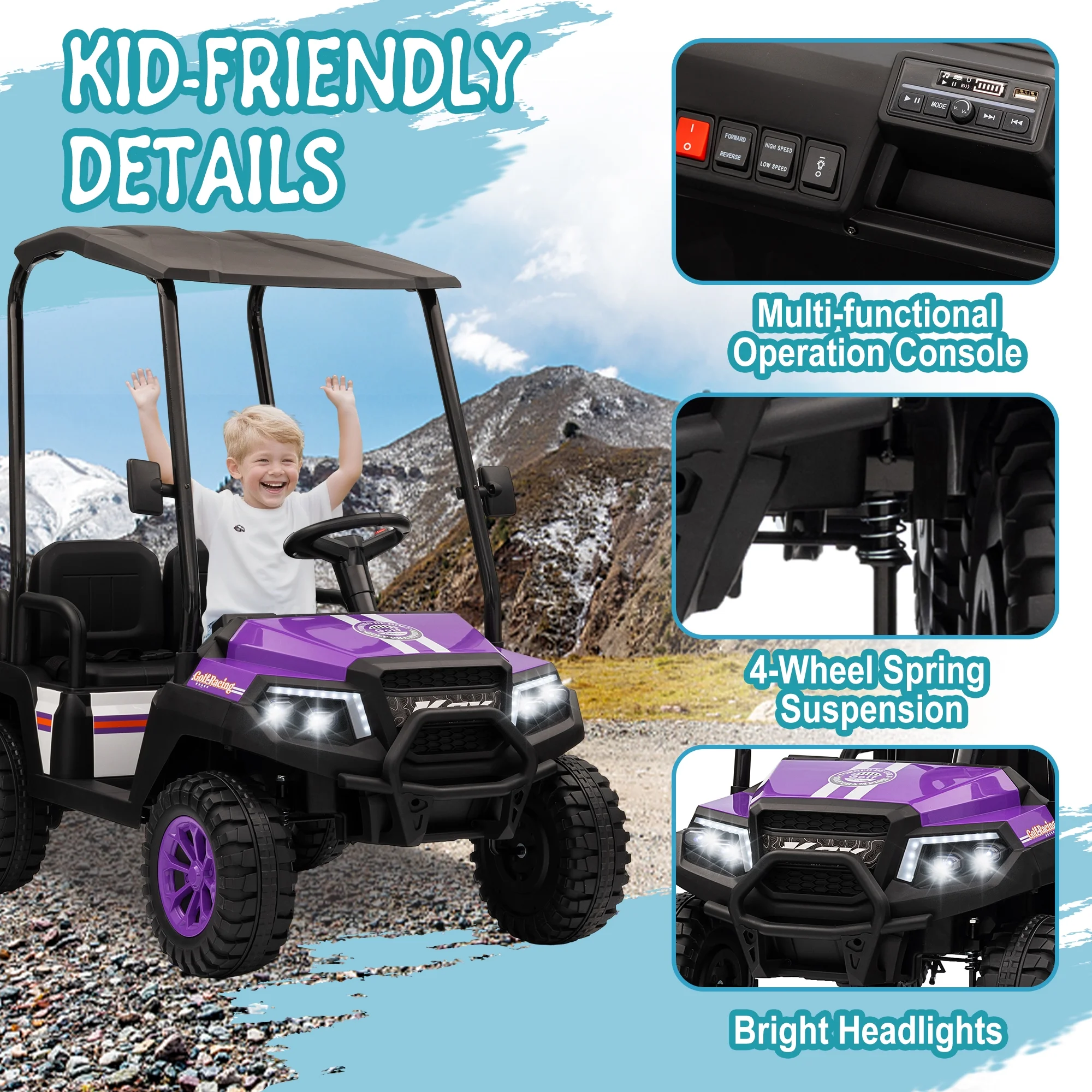 24V XL Kids Ride on Golf Cart, Electric Car w/Remote Control, Detachable Awning, 4 Seats, 3 Speeds, LED Lights, Spring Suspension, Bluetooth, Audio, Blue