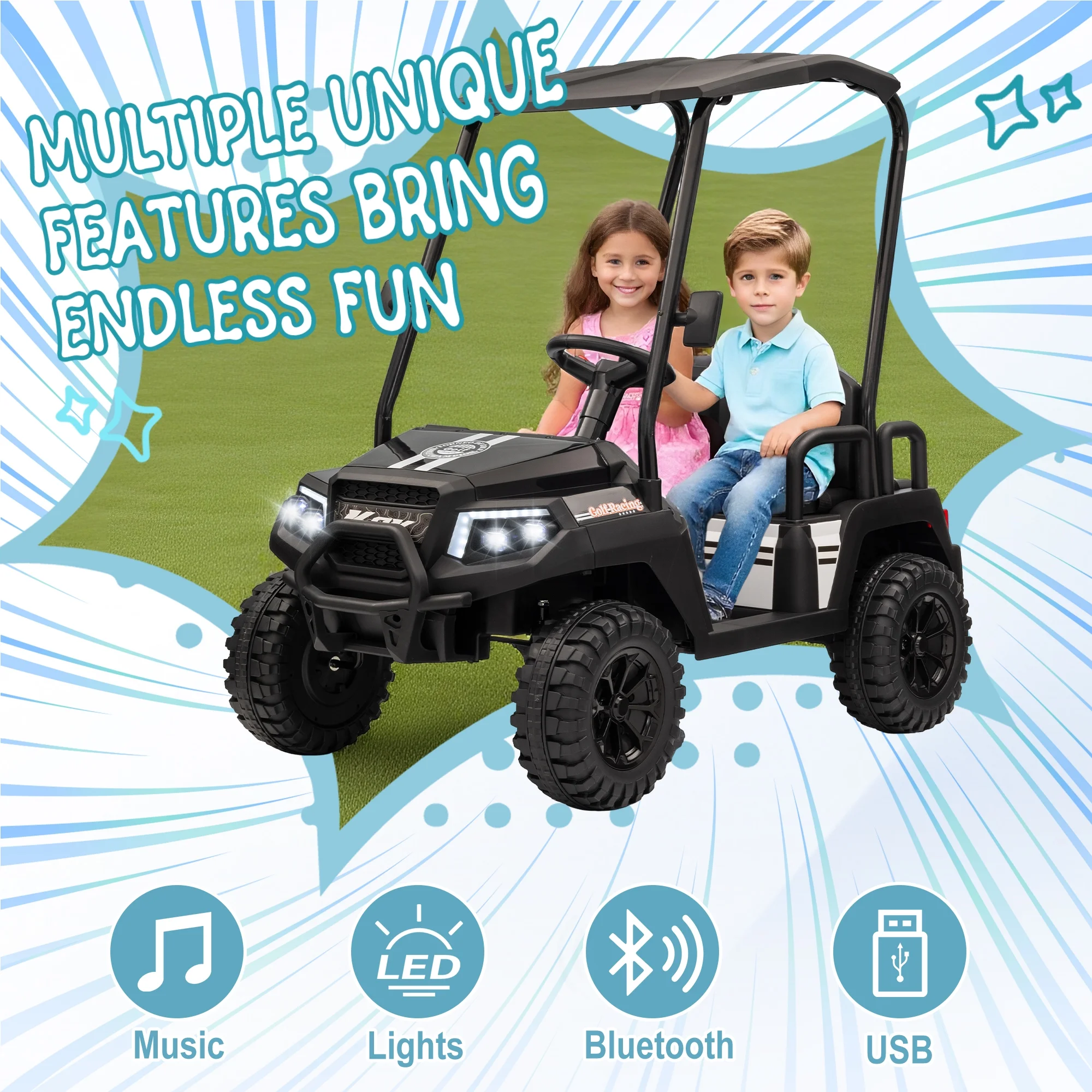 24V XL Kids Ride on Golf Cart, Electric Car w/Remote Control, Detachable Awning, 4 Seats, 3 Speeds, LED Lights, Spring Suspension, Bluetooth, Audio, Blue