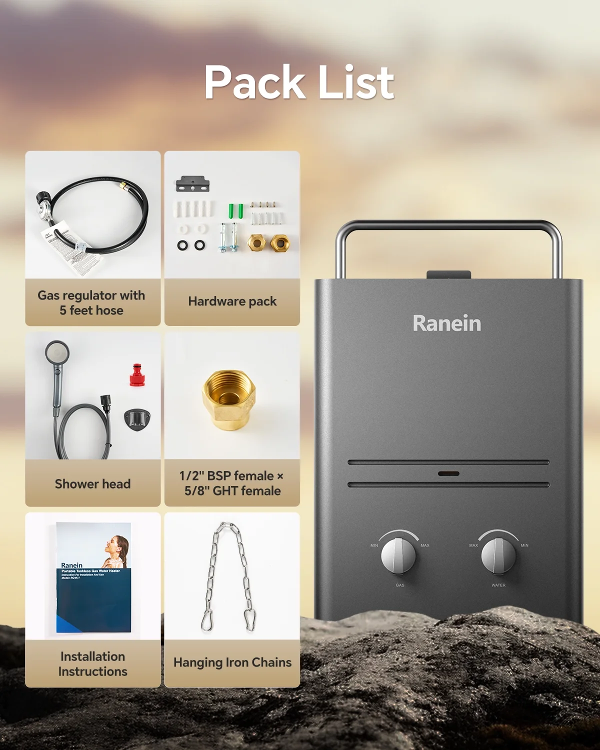 Ranein Tankless Water Heater Outdoor, 1.58 GPM Portable Propane Camping Water Heater, 6L, RO4KY, Grey