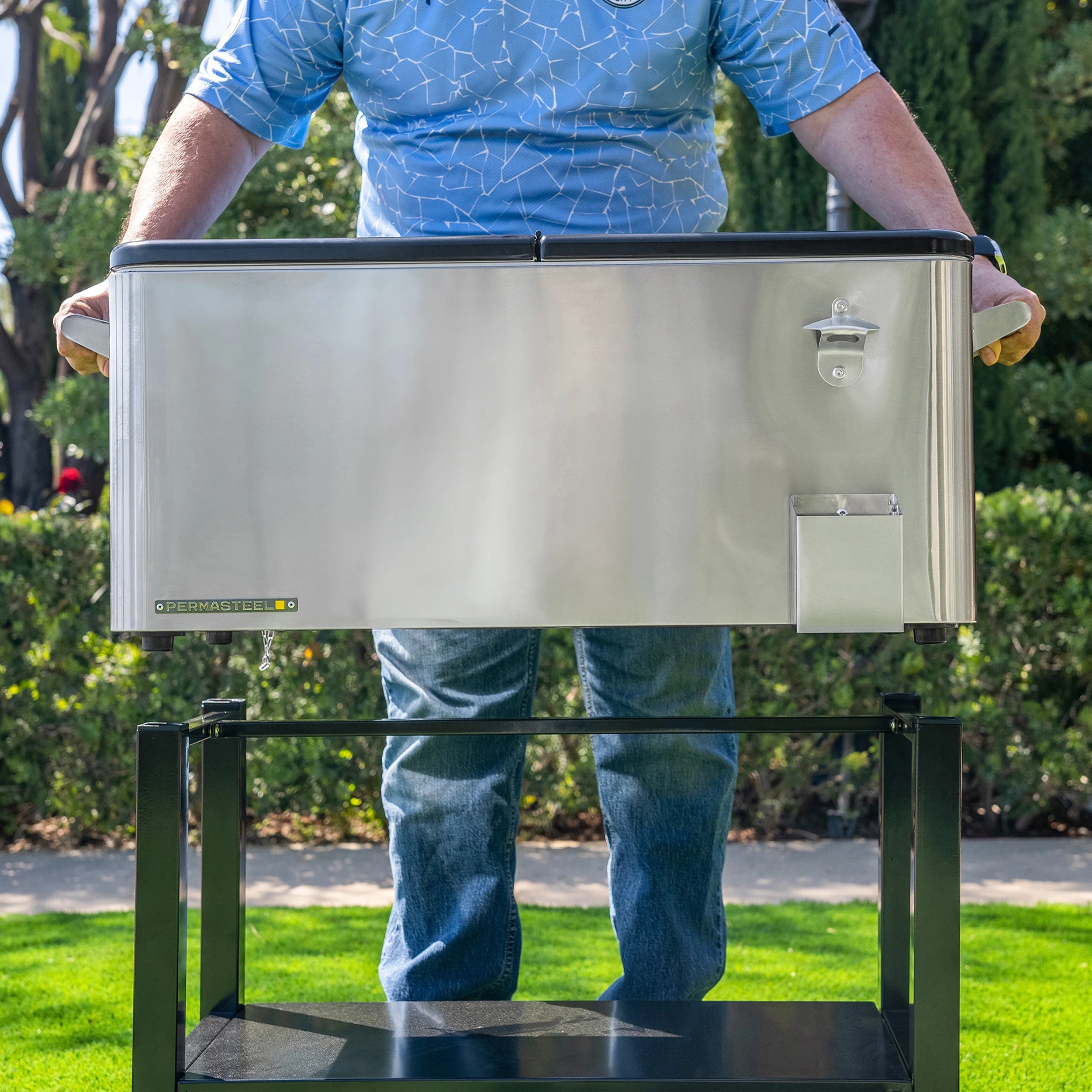 Permasteel 80-Qt Outdoor Steel Patio Cooler with Removable Basin, Rolling Cooler with Wheels, Teal Green