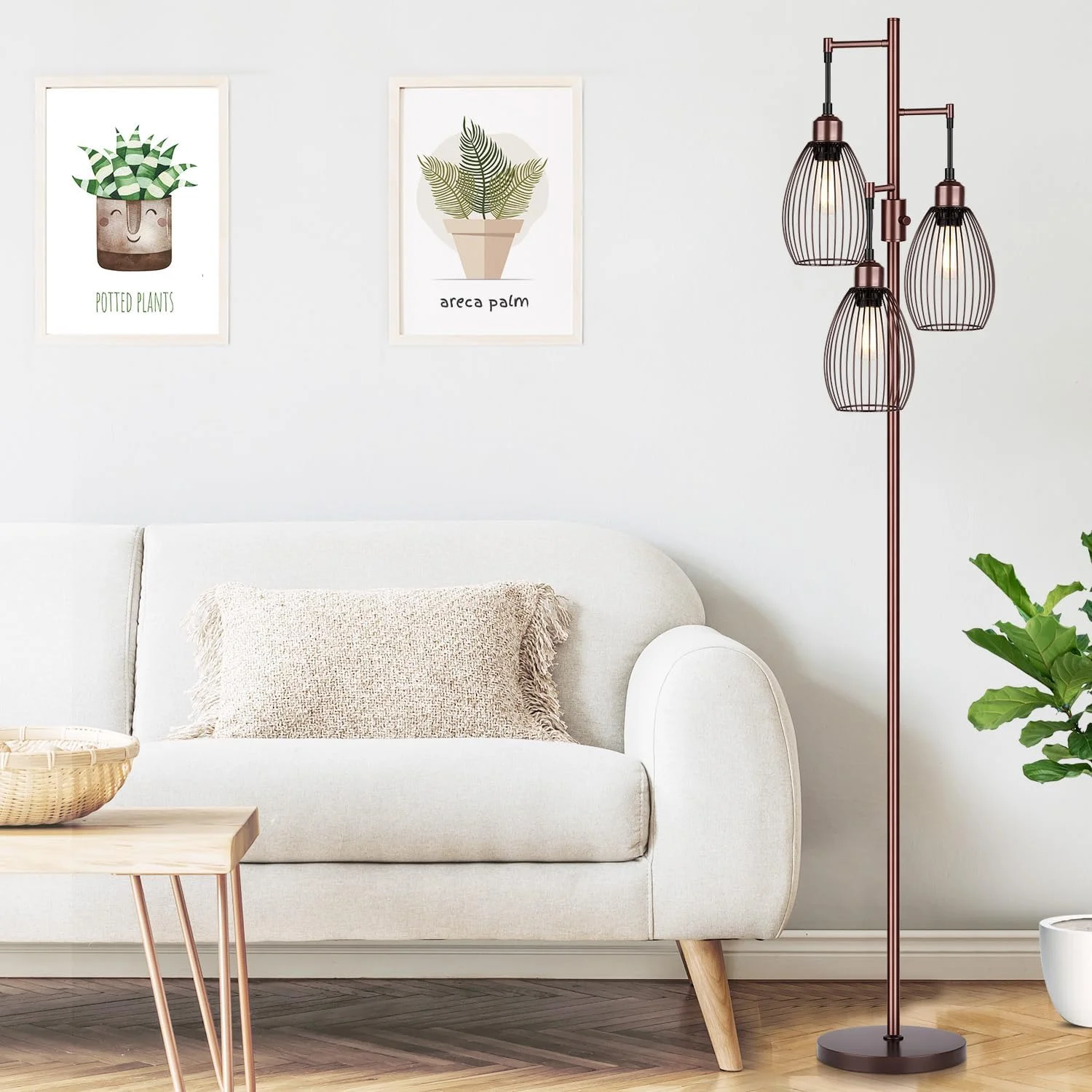 Dimmable Floor Lamp, 3 x 800LM LED Edison Bulbs Included, Farmhouse Industrial Floor Lamp Standing Tree Lamp with Elegant Teardrop Cage Tall Lamps for Living Room Bedroom Office Dining Room