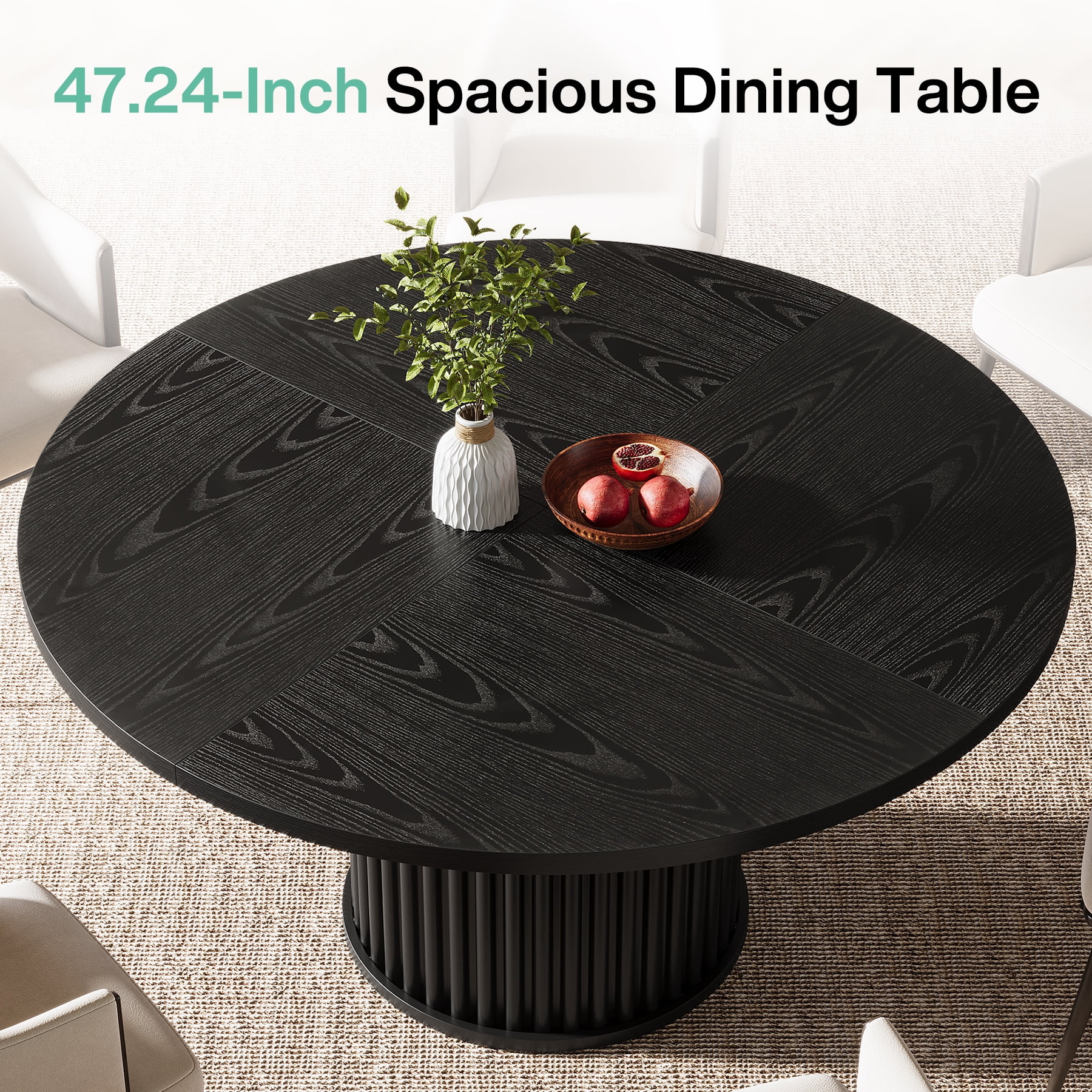 Tribesigns Black Round Dining Table for 4-6 People, 47.24-Inch Circle Wood Kitchen Table with Sturdy Fluted Metal Base, Modern Dining Room Furniture