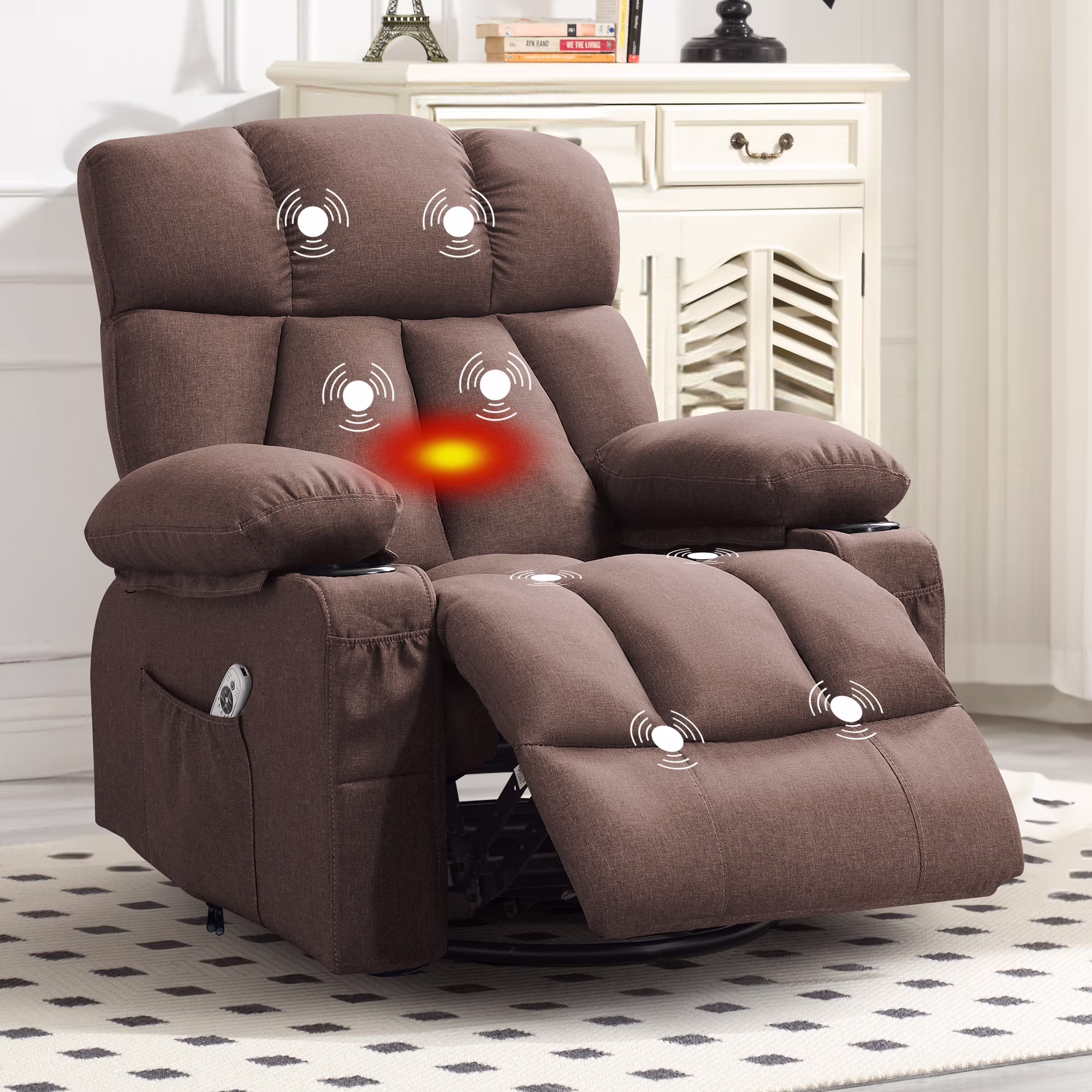 JONPONY Manual Recliner Chair with Heat Therapy and Massage Function, Heavy Duty Reclining Mechanism Massage Chair, Elderly Single Rocker Sofa with Cup Holders for Bedroom Home Theater,Grey
