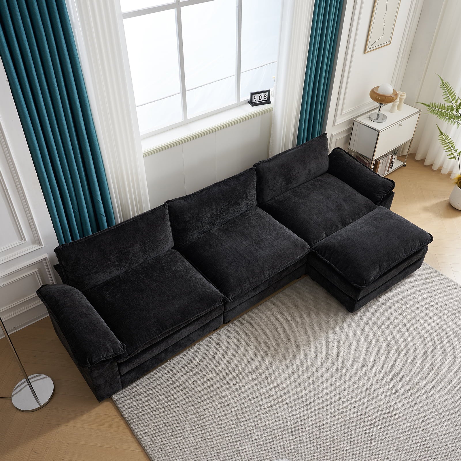 Zimtown Sectional Sofa with Ottoman, L Shaped Convertible Couch with Removable Chaise Chenille Fabric Sofa Set for 4-6 Persons Living Room Furniture Dark Grey