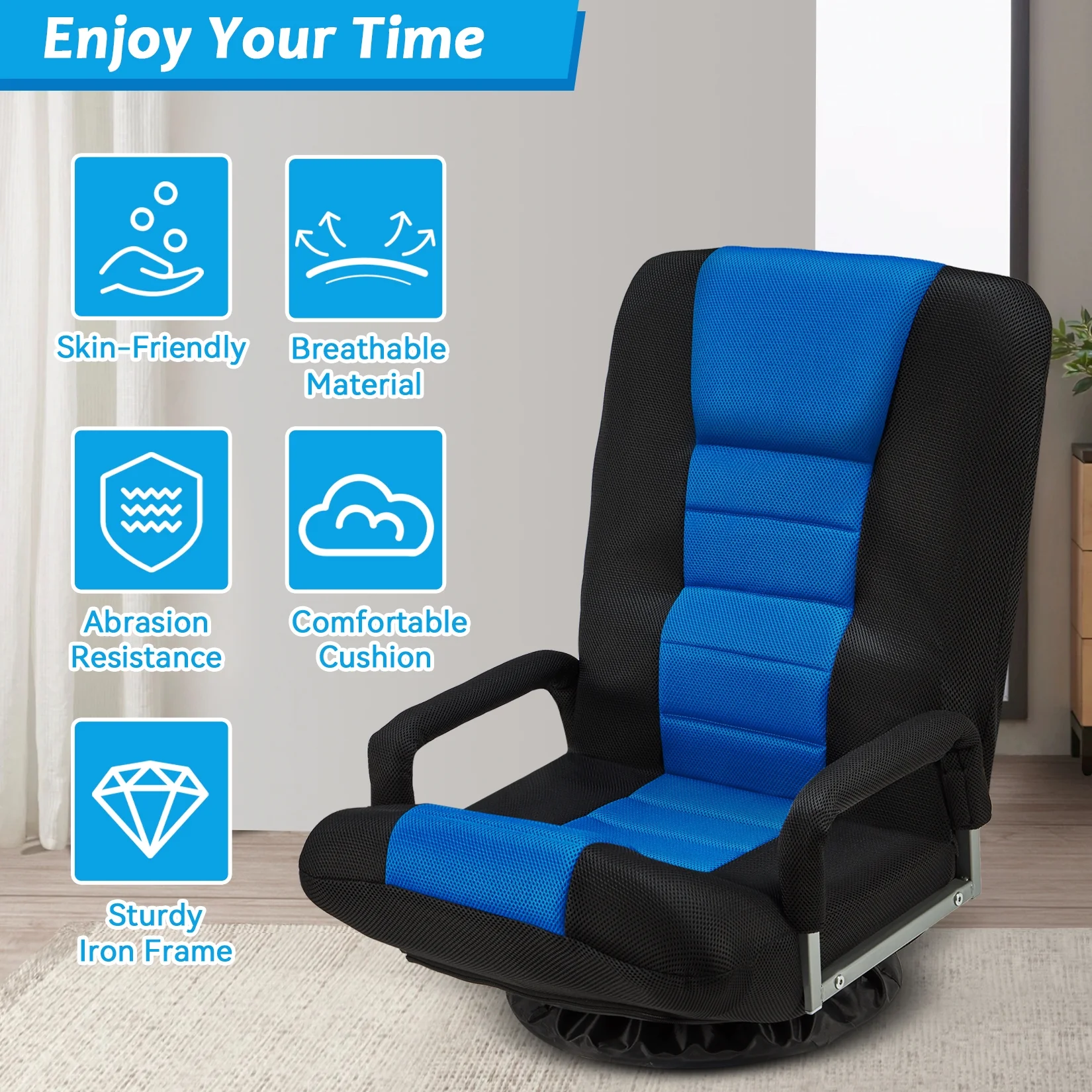 Avocahom Swivel Gaming Floor Chair w/ Armrest Handles, No Assembly gaming chair rocker, Folding Reclining Sofa w/6 Position Adjustable Backrest for Video Games, Watching TV, Reading,Blue