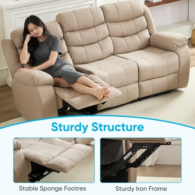 MUZZ Modern Reclining Sofa ,3-Seater Recliner Sofa with Cup Holders, Flip-Up Storage, Reversible Backrest and Footrest, Gray