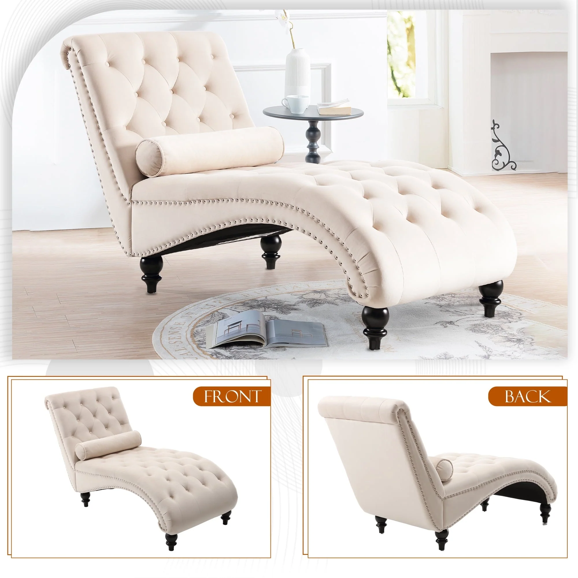 KINFFICT Velvet Chaise Lounge Indoor, Tufted lounge chair with Wood Legs, Leisure Accent Chair Upholstered Lounge Couch for Bedrooom Living Room, Beige