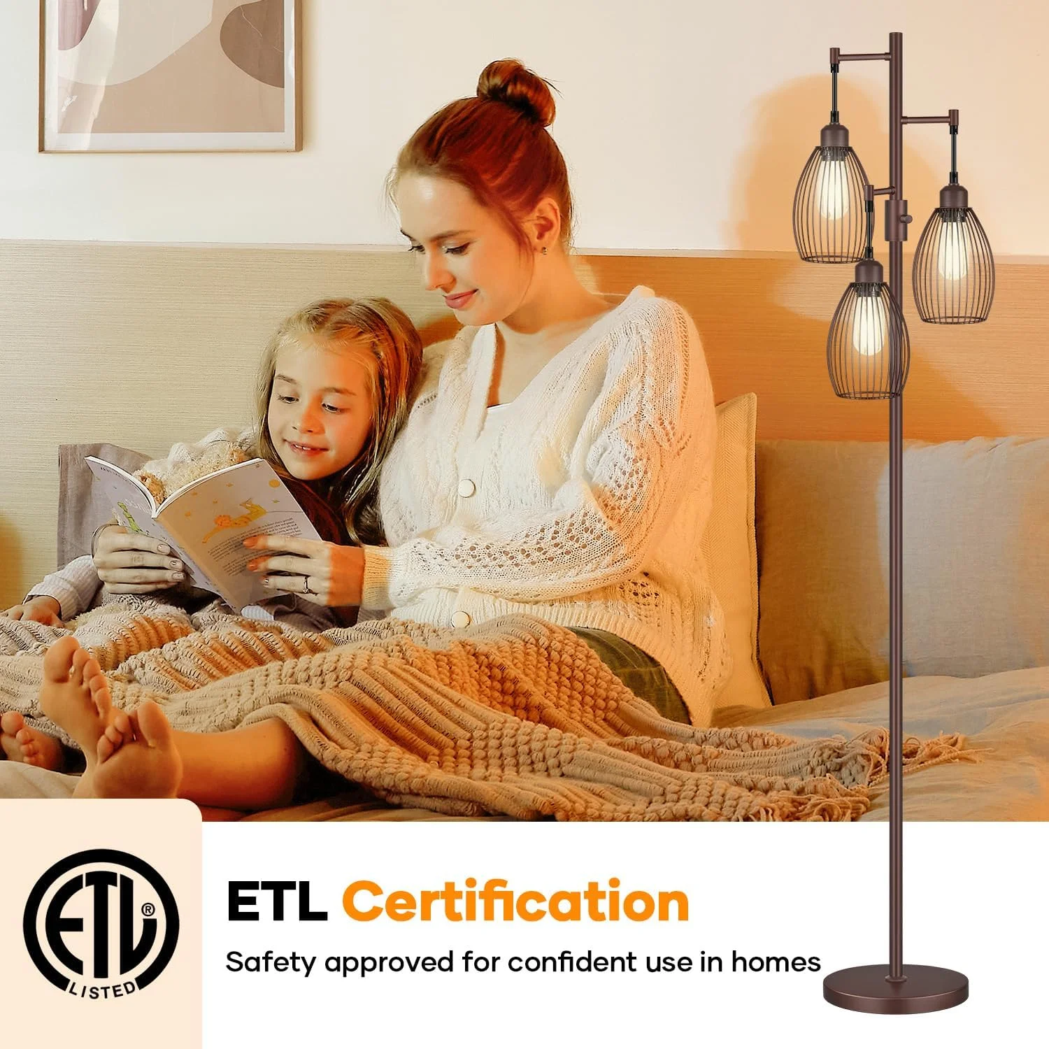 Dimmable Floor Lamp, 3 x 800LM LED Edison Bulbs Included, Farmhouse Industrial Floor Lamp Standing Tree Lamp with Elegant Teardrop Cage Tall Lamps for Living Room Bedroom Office Dining Room