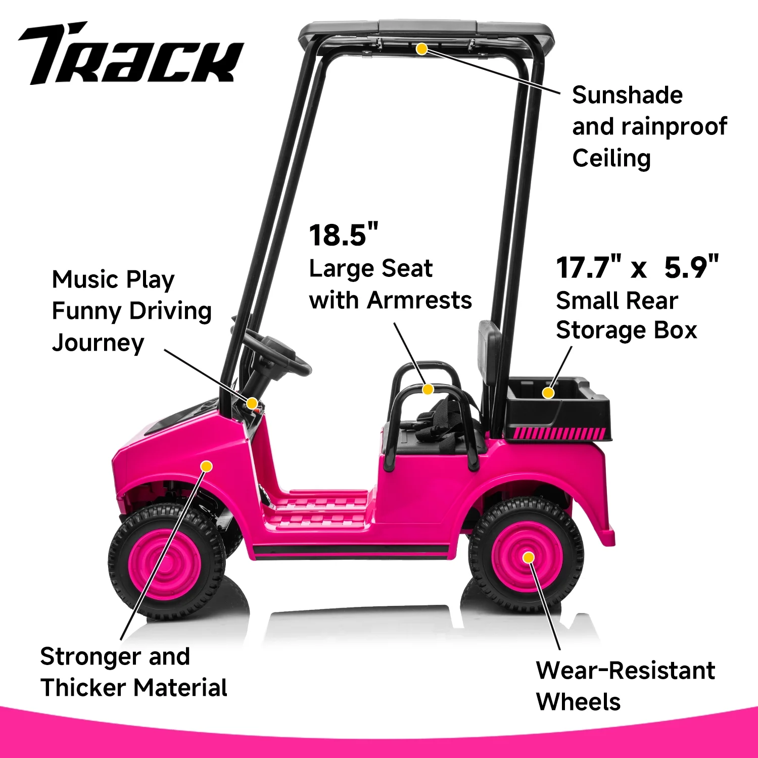 Track Seven 24V Ride on Car, Electric Golf Cart with Ceiling, Ride on Truck with Remote Control, Music, Rear Storage Box, Electric Car for Boys Girls Age 3+, 18.5
