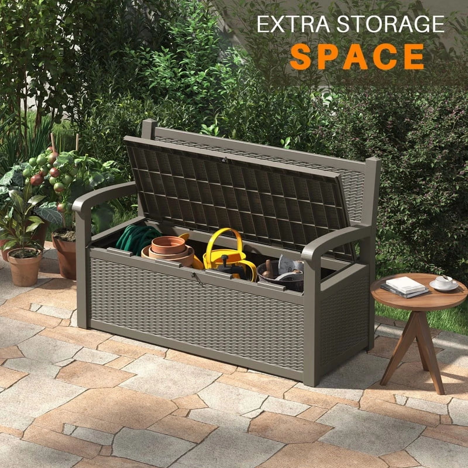Bifanuo 70 Gallon Storage Bench Deck Box for Patio Furniture with Armrest Bench Outdoor Storage Water-Resistant Deck Box for Garden Tools,Pool Storage and Outdoor Cushions,Grey