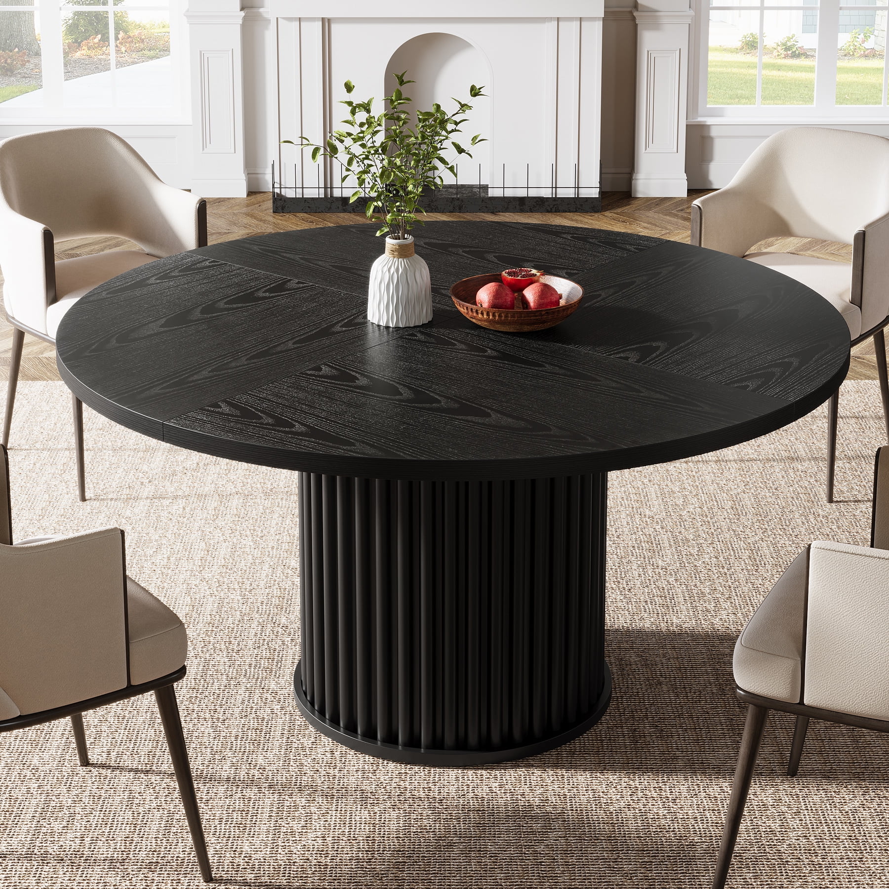 Tribesigns Black Round Dining Table for 4-6 People, 47.24-Inch Circle Wood Kitchen Table with Sturdy Fluted Metal Base, Modern Dining Room Furniture