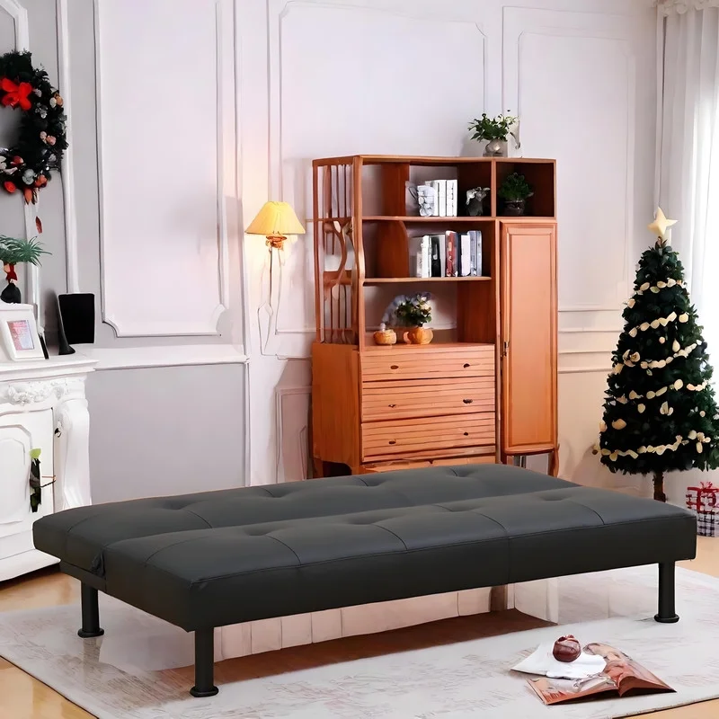 Couches for Living Room Upholstered Convertible Folding Futon Sofa Bed Modern Small Faux Leather Sleeper Sofa Love Seat for Bedroom, Apartment, Black
