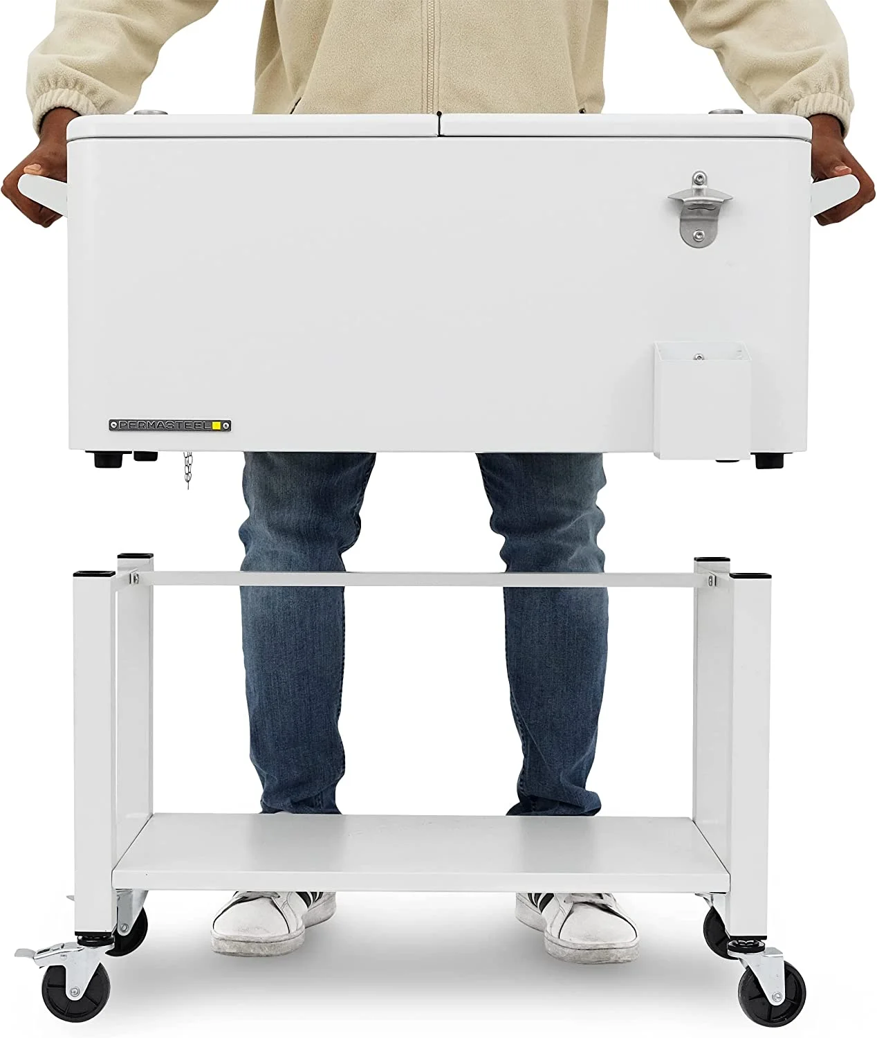 Permasteel 80-Qt Outdoor Steel Patio Cooler with Removable Basin, Rolling Cooler with Wheels, Teal Green