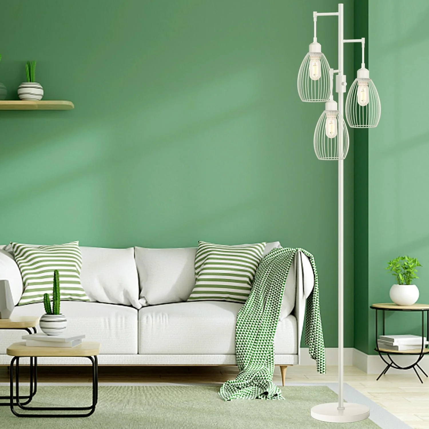 Dimmable Floor Lamp, 3 x 800LM LED Edison Bulbs Included, Farmhouse Industrial Floor Lamp Standing Tree Lamp with Elegant Teardrop Cage Tall Lamps for Living Room Bedroom Office Dining Room