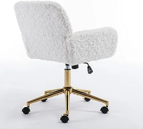 Fluffy Desk Chair,Height Adjustable Vanity Chair with Wheels,Comfortable Faux Fur Desk Chair with goldenn Base, Arm Chair for Bedroom,Living Room,Vanity,Office