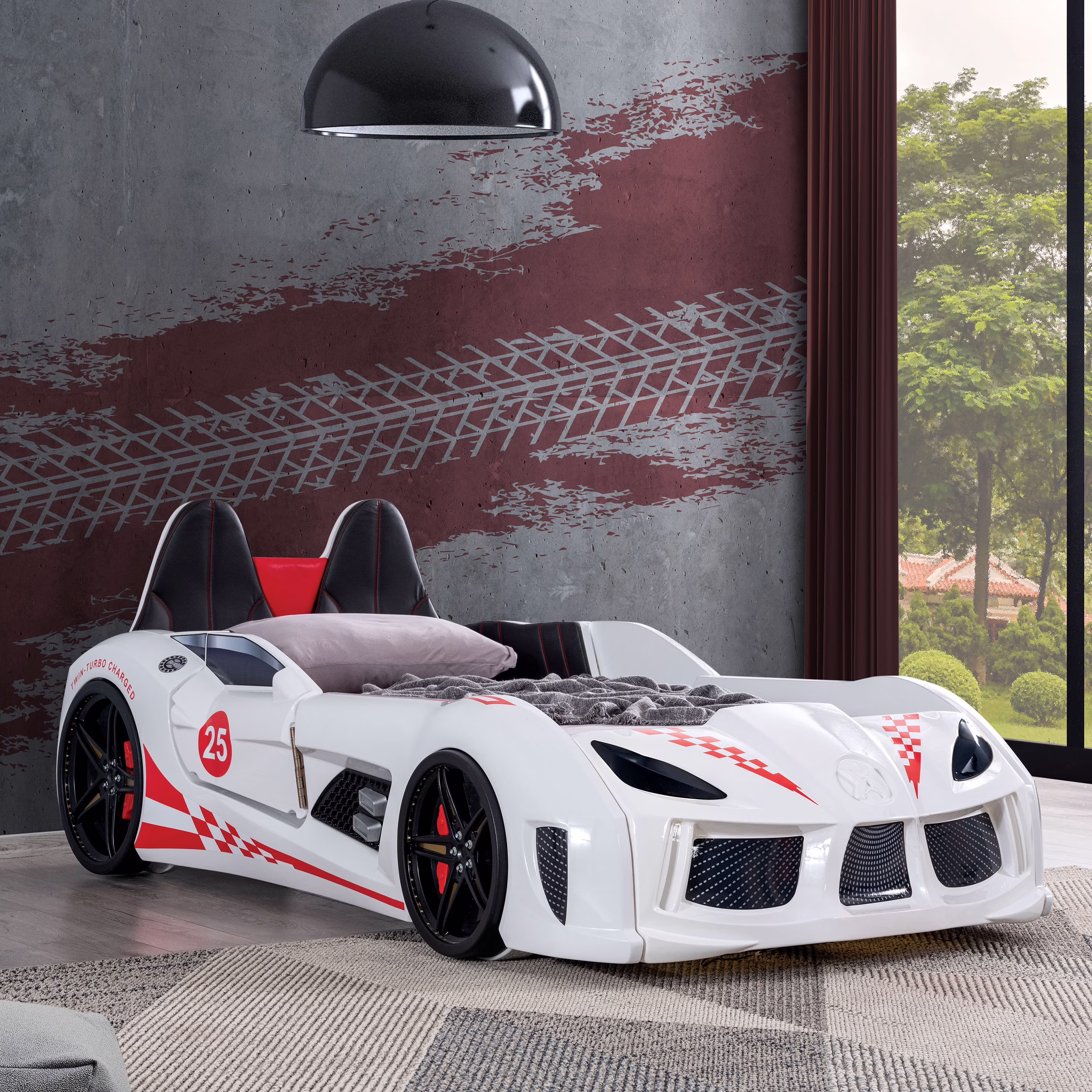 Furniture of America Dash Kids Plastic Twin Race Car Bed with LED and Sound, White