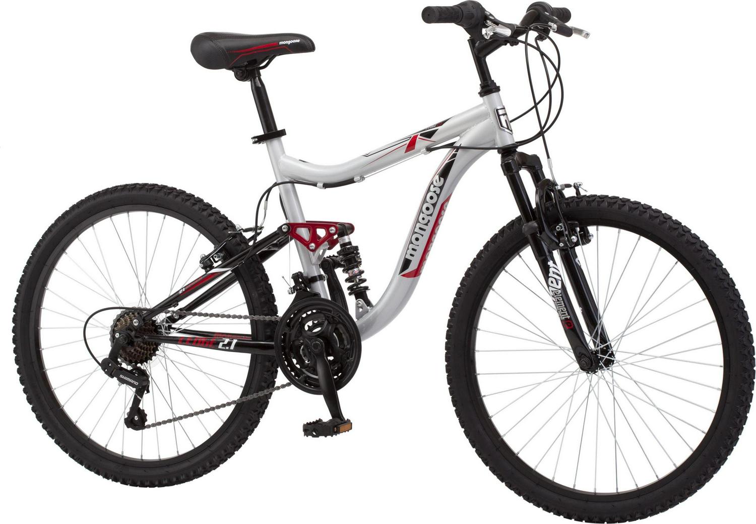 Mongoose Ledge 2.1 Mountain Bike. 24-inch wheels. 21 speeds. boys frame. Silver/Red